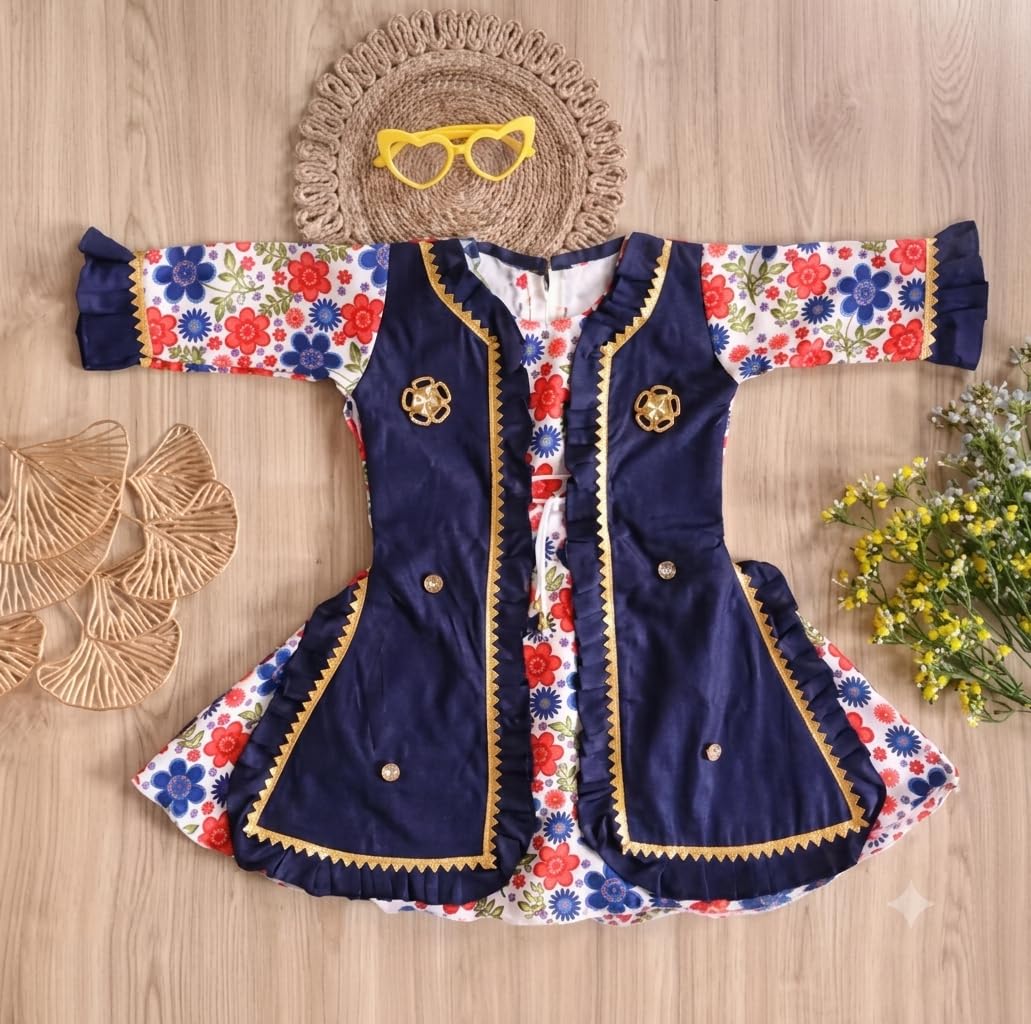 Girls Cotton Frock and Jacket Set, Printed Fit and Flare Knee Length Casual Dress with Three-Quarter Sleeves, Round Neck Detail|Red-Kids_14_18-24 Months-image-37