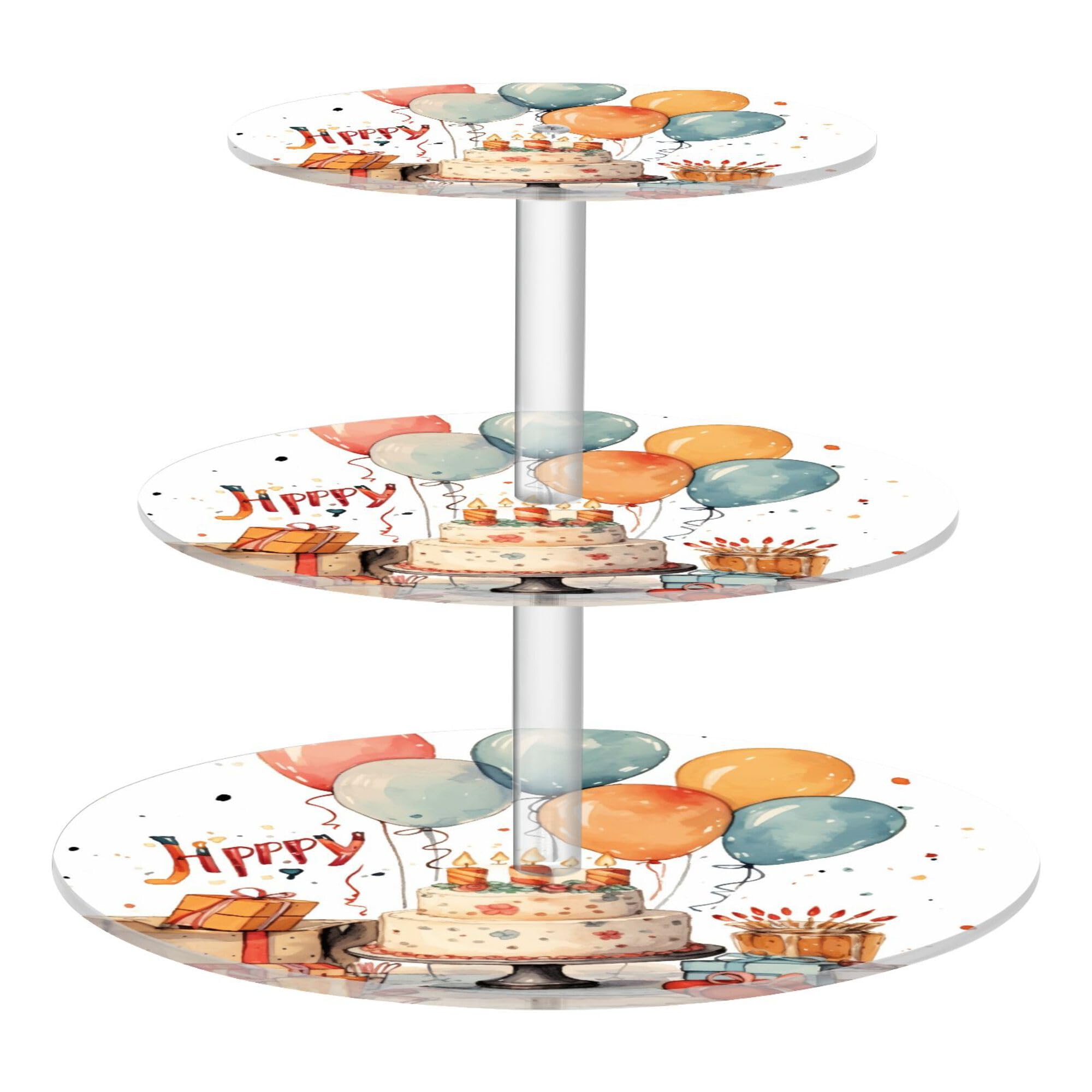 PYBUG Happy Birthday 3 Tier Acrylic Cupcake Stands Tower,Dessert Table Display Set for Tea Party,Wedding,Birthday, Baby Shower