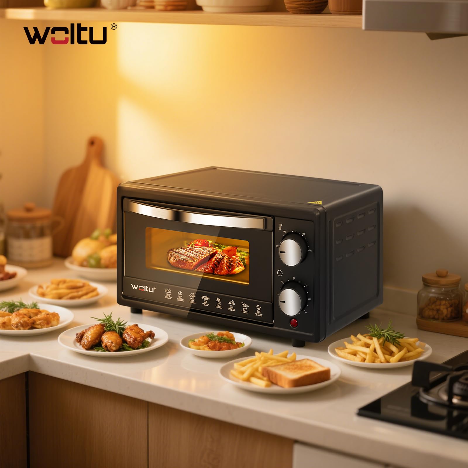 WOLTU Minibackofen 10 Liter, 800 Watt Toasterofen | Pizzaofen | Backblech mit Timer Mini Backofen für Pizza, Toast, Truthahn, Hot Dogs Schwarz