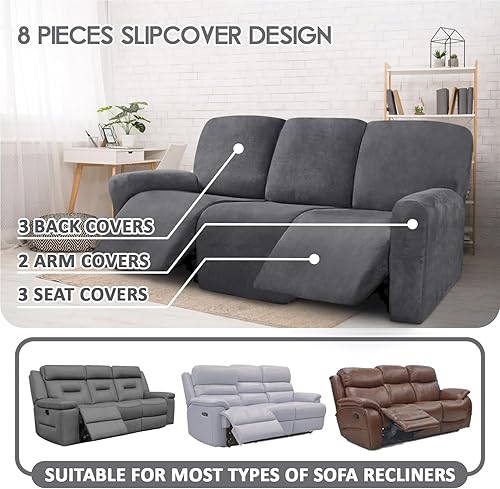 Miniatura 2 de ULTICOR Fundas de terciopelo para sofá reclinable de 8 piezas, fundas elásticas para sofá reclinable de 3 cojines, fundas para muebles, fundas