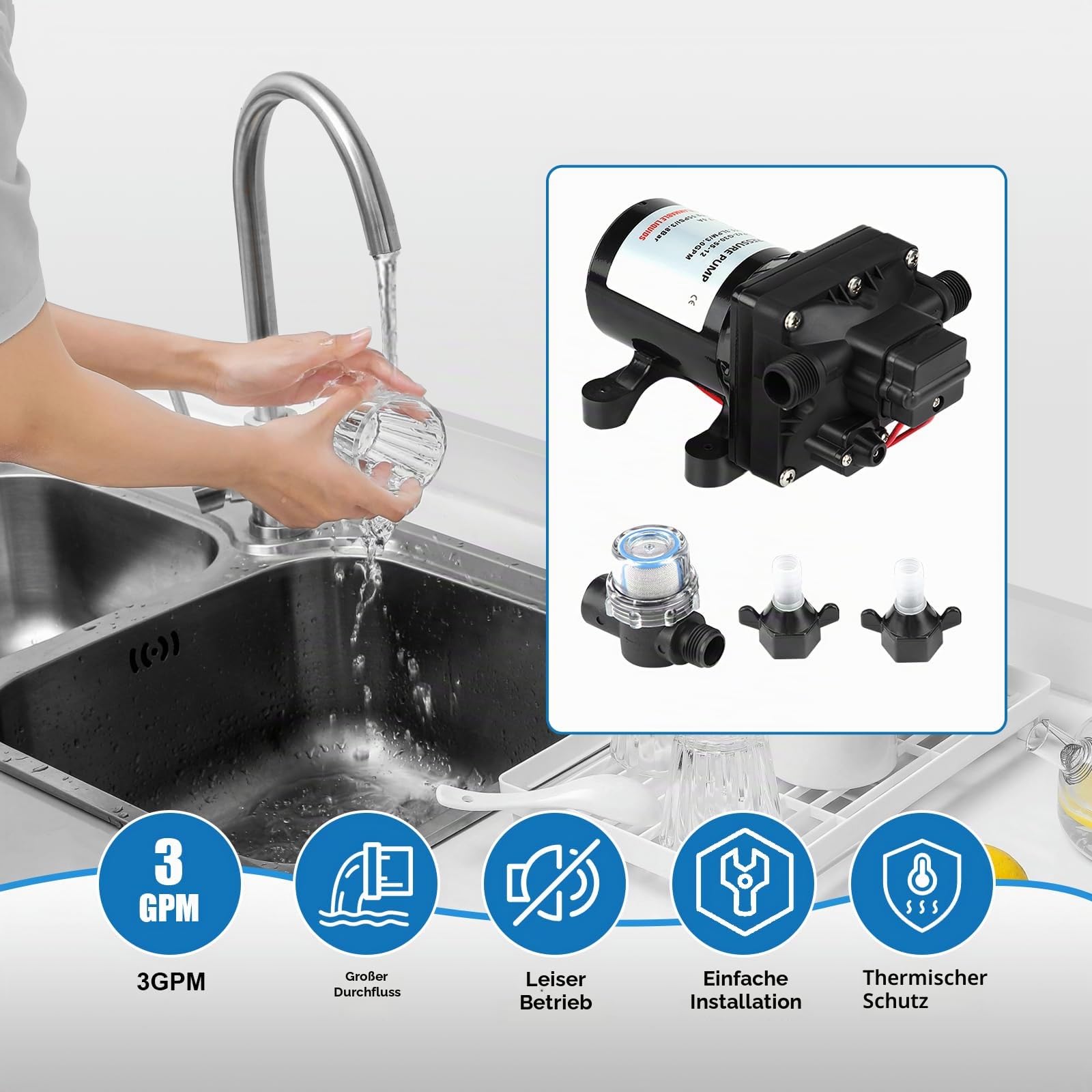 RV Wasserpumpe,4008101E65 Pumpe 55 PSI 3GPM 7,5 Ampere 12V DC Selbstansaugende Wasserpumpe für Wohnmobile und Wohnwagen