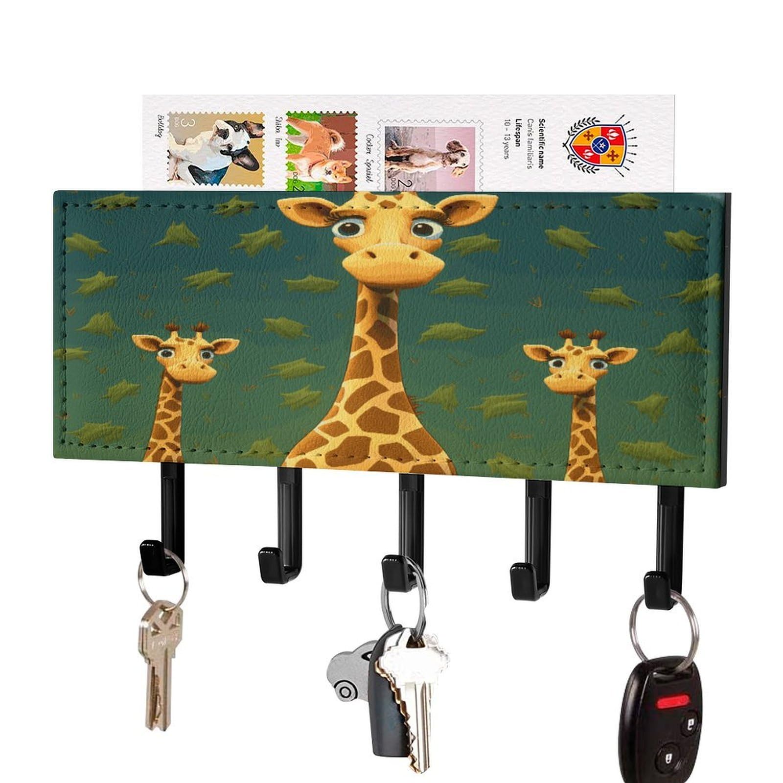 MUSM Cartoon Giraffe Key Holder for Wall,Mail Organizer Wall Mount with 5 Hooks,Easy Installation Key Rack for Home Decor, Hallway, Entryway, Appartment