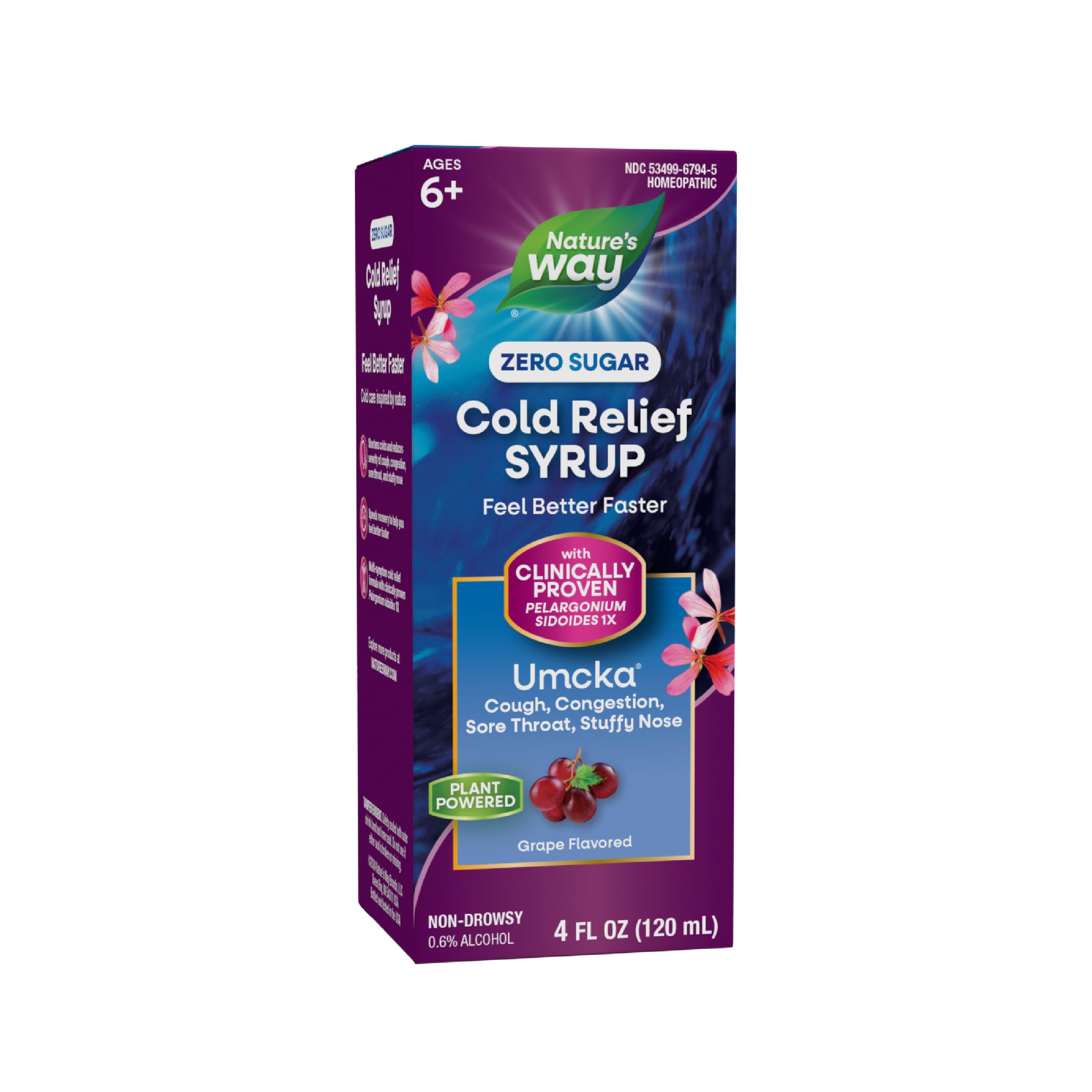 Nature's Way Umcka Cold Relief Zero Sugar Syrup, Umcka, Homeopathic, Shortens Colds, Sore Throat, Cough, Congestion, and Stuffy Nose, Phenylephrine Free, Grape Flavored, 4 Fl Oz (Packaging May Vary)