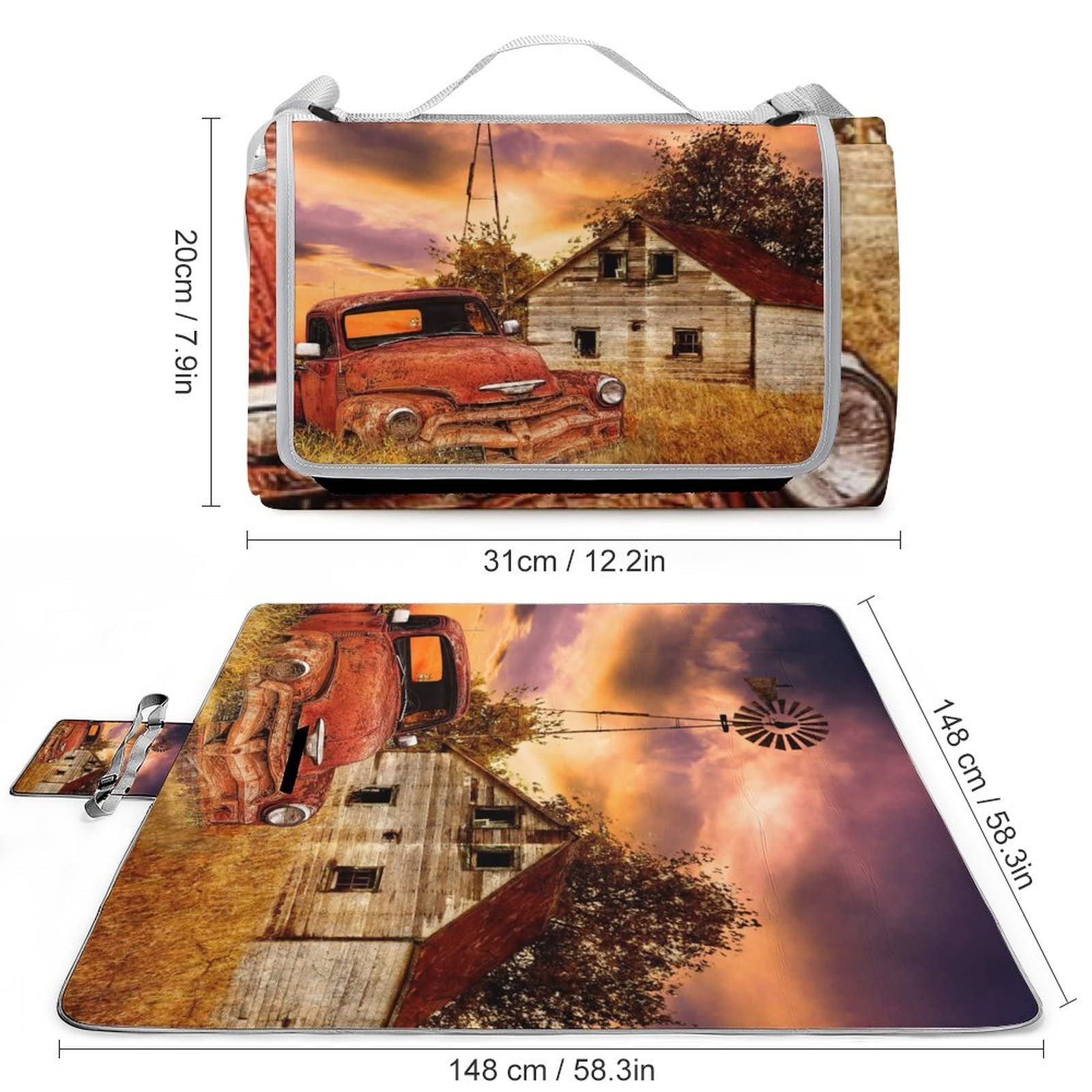 Rustic Farm Old Truck Adults Lightweight Waterproof Picnic Blanket Western Country Farmhouse Sunset Nature Scenery for Outdoor Beach Hiking Camping on Grass Waterproof Sandproof 58.3x58.3 Inch