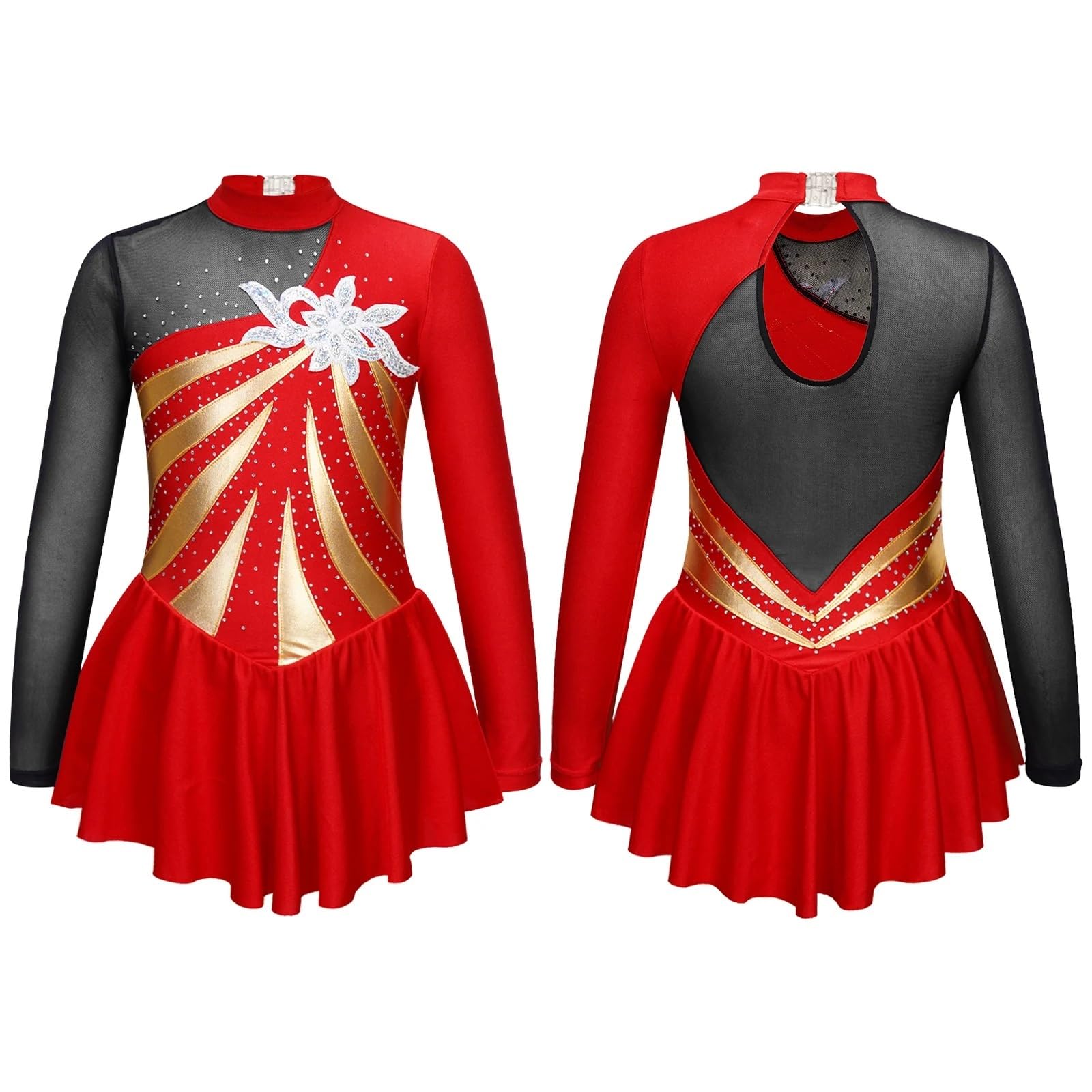 Mädchen Turnanzug Mädchen Ballett Trikot mit glitzernden Pailletten und Rhythmikgymnastik, Kunsteislauf-Kostüm, lyrischer Tanz, Trikotkleid mit Rock