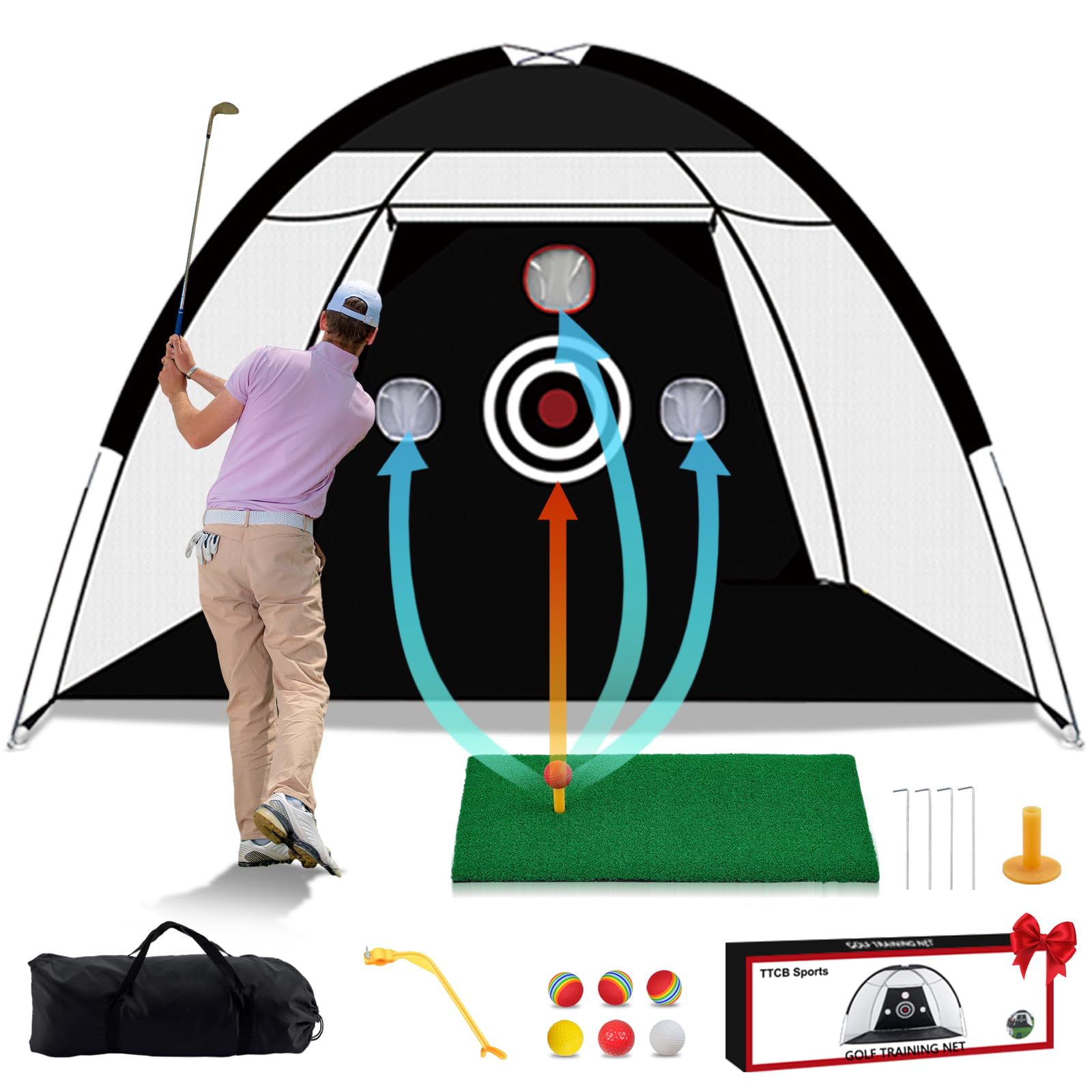 TTCB Sports Golf Practice Net 10x7ft for Garden, Golf Hitting Net for Backyard Driving, Chipping Nets and Mat Indoor/Outdoor - GolfNet Simulator for Home, Gift for Men/Dad