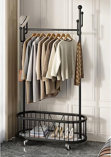 Hall Tree with Hooks Single Tidy Clothes Rails Mobile Heavy Duty Garment Rack Freestanding Metal Coat Hanger with Lower Storage Basket for Bedroom