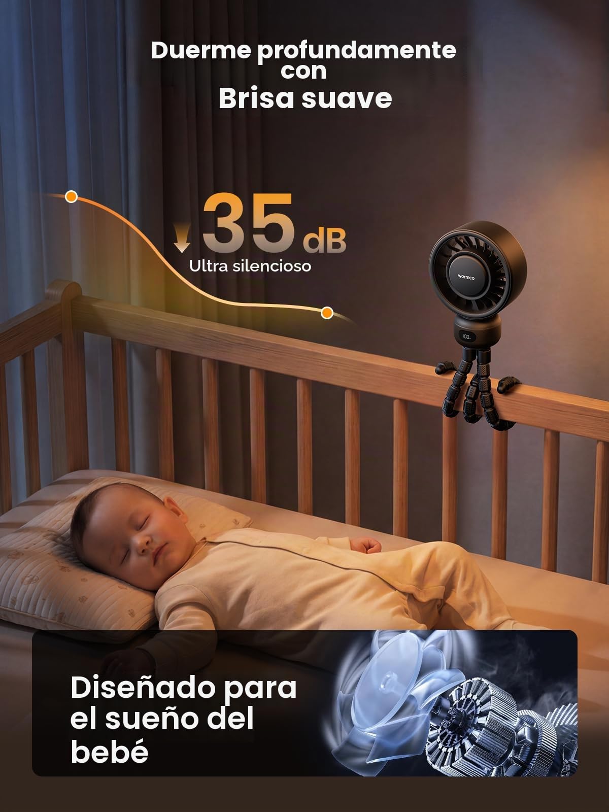 Warmco Ventilador portátil para cochecito, ventilador de clip recargable de 4000 mAh con trípode flexible (hasta 15 horas), 4 velocidades, pantalla LED, rejilla desmontable, funcionamiento silencioso