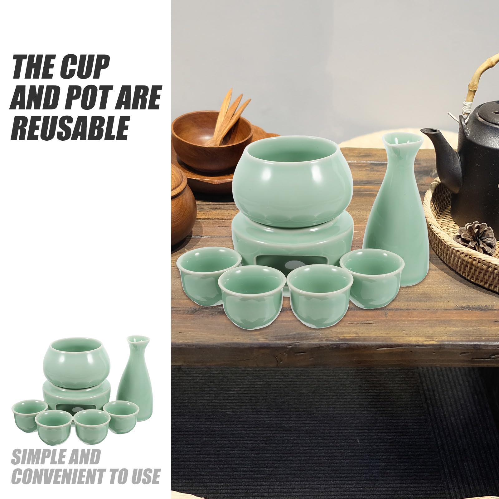 Abaodam Servizio da Sakè in Ceramica Vintage, 300ml, Verde Chiaro