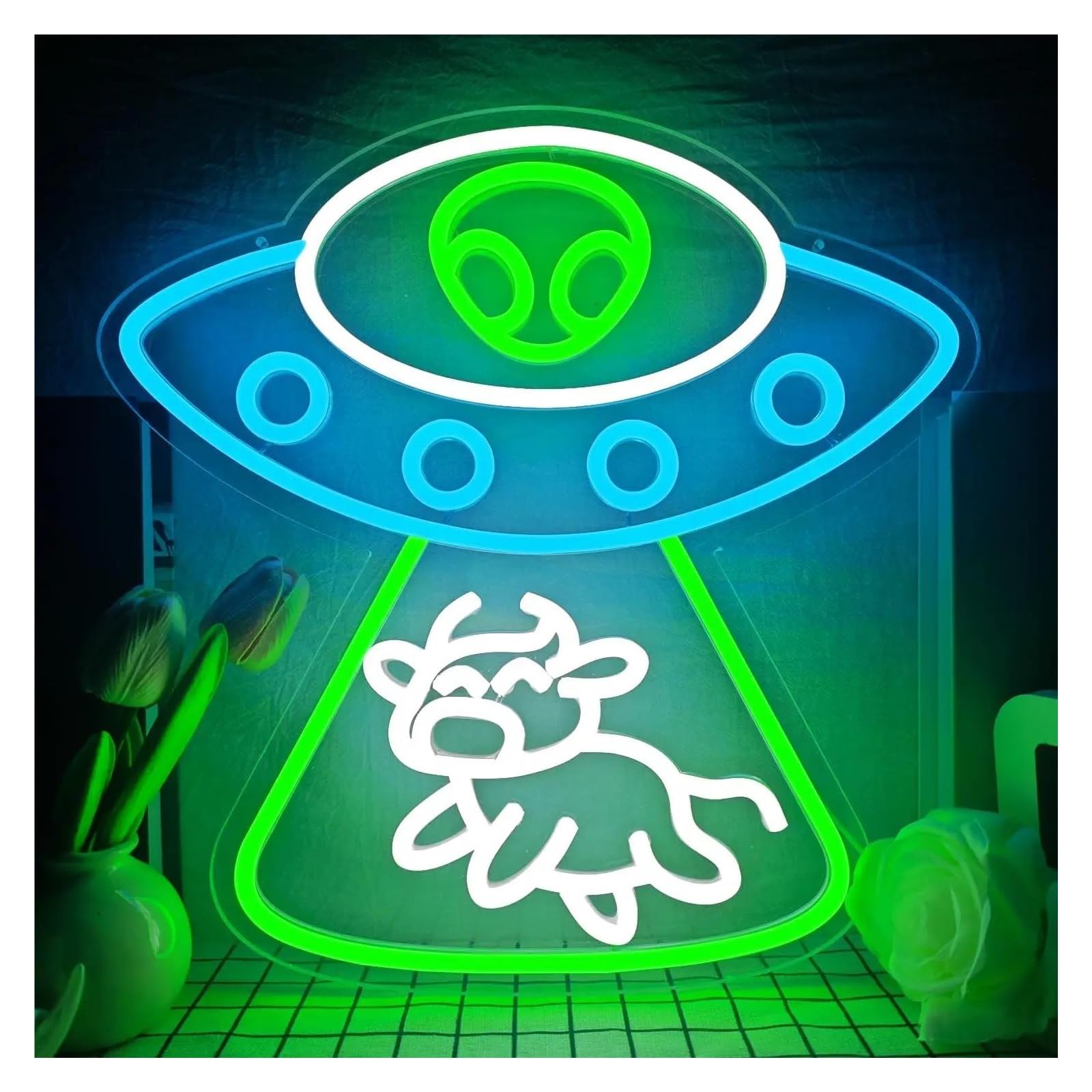 SHOUXI Sign Lamp Alien Spaceship Cow Neon Sign UFO LED Light USB Dimmable for Kids Bedroom Man Cave Birthday Party Wall Decor 38.4cmx36.6cm