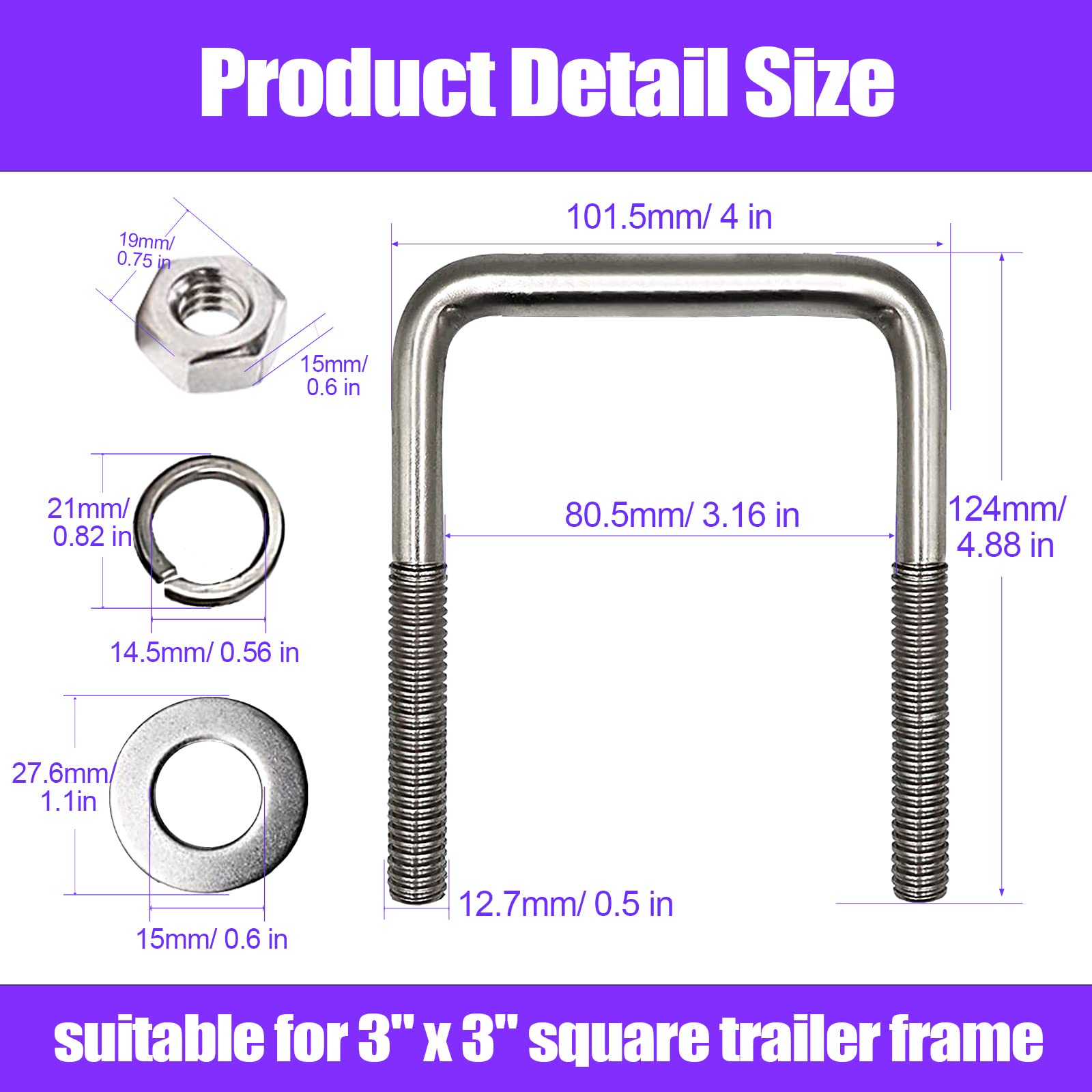 Square U-Bolt, Stainless Steel Square U-Bolt Boat Trailer Ubolts with Washers and Nuts, 1/2" D x 3-1/16" W x 4-5/16" L U-Bolts for Sailboat Trailer, Automobiles Trailer Replacement Parts, 4 Pack