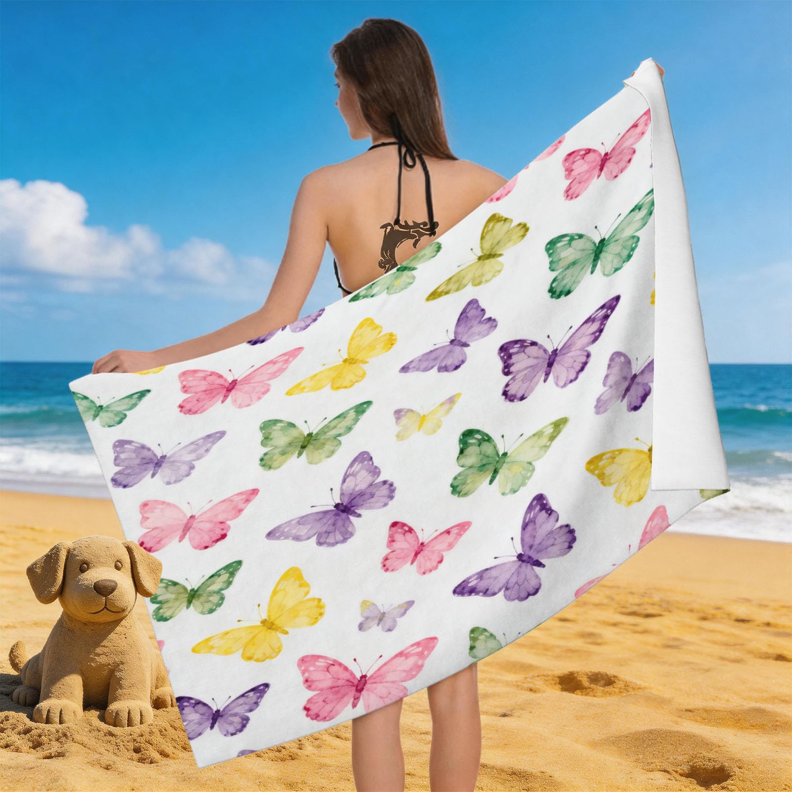 Leichong Men's White 3D Watercolor Butterfly Beach Towel Microfiber Soft Quick Dry For Adults, Colorful Butterfly Bath Towel Lightweight Soft Absorbent For Travel Swimming Pool Sports, 75 X 150 Cm