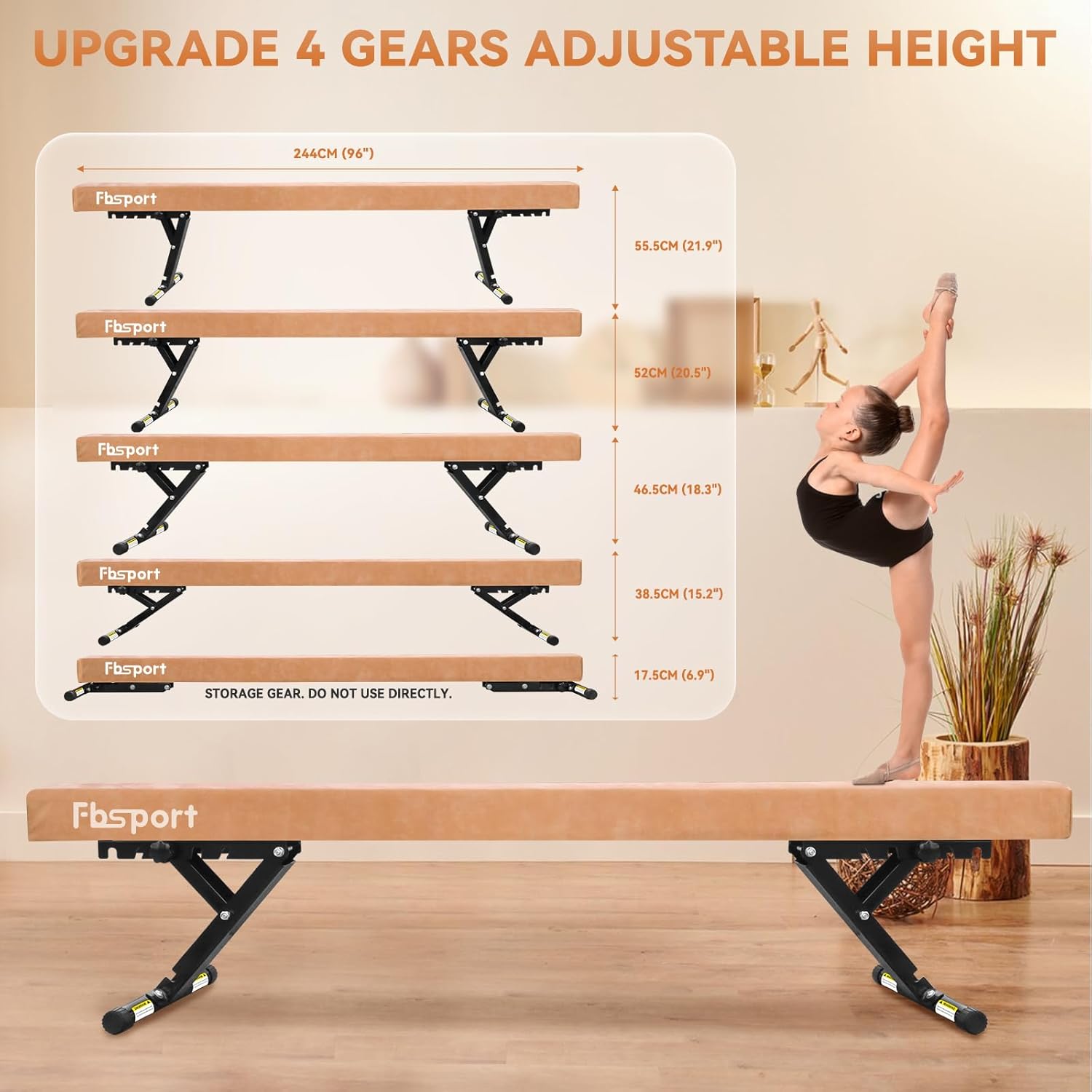 FBSPORT 8ft Adjustable Balance Beam: High and Low Floor Beam Gymnastics Equipment for Kids/Adults,Gymnastics Beam for Training,Practice, Physical Therapy and Professional Home Training with Legs Brown