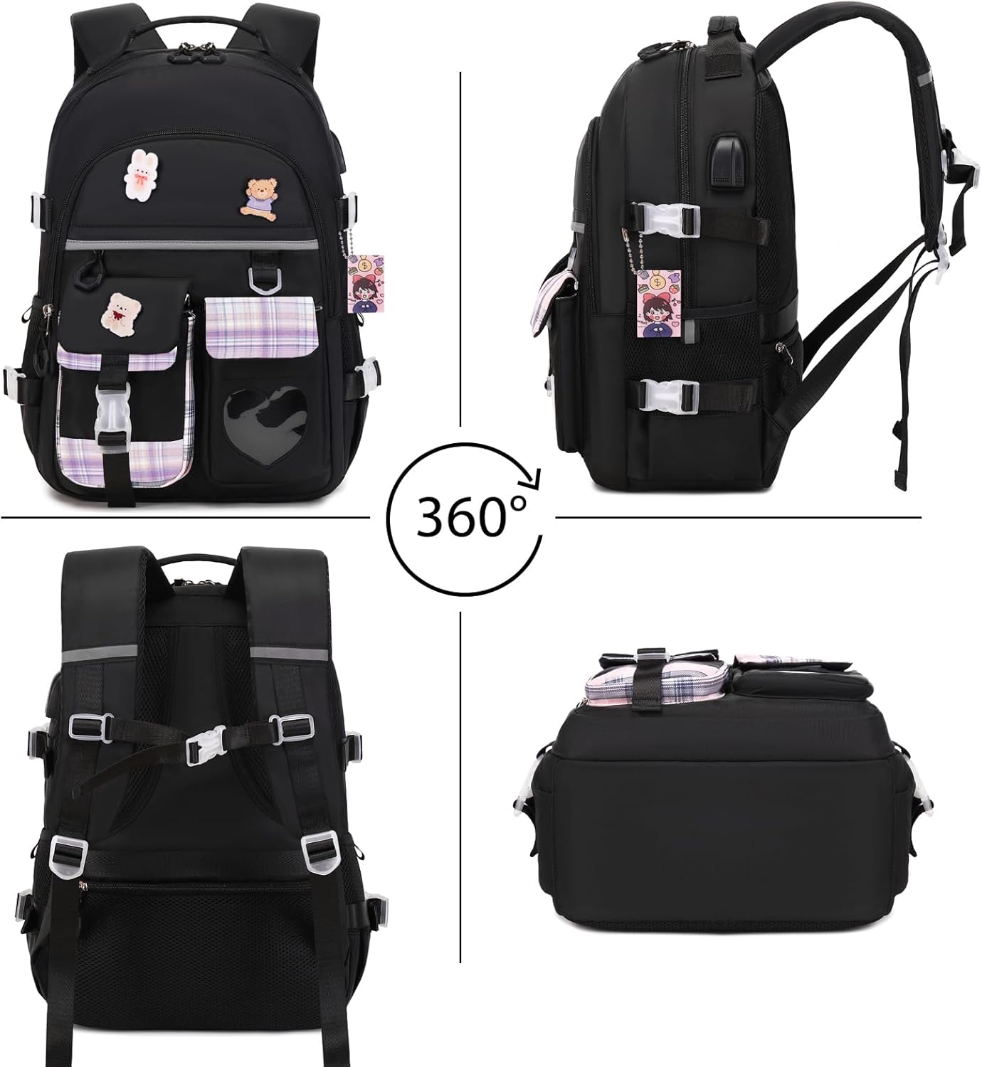 Backpack for Girls - Bookbag Backpacks Schoolbag for Girls Kids Teen Women Casual Travel Daypacks - School Bag Elementary Middle School College Cute Backpack with Lunch Box (Black Purple)