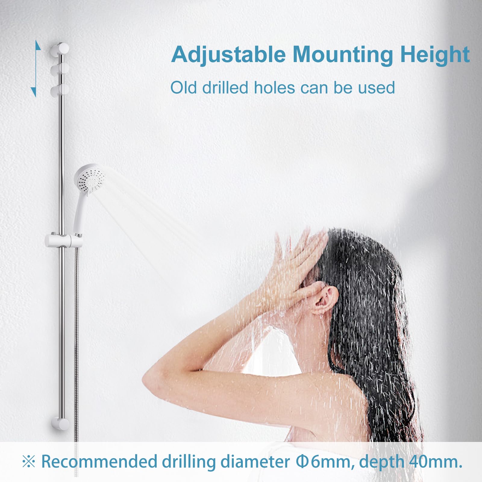 OFFO Shower Riser Rail Kit, Shower Slide Bar 100cm with 3 Modes Shower Head and Hose Set, 1.6m Stainless Steel Hose - Image 2
