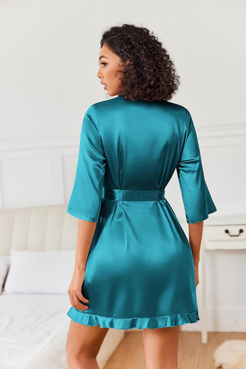 Ekouaer Women's Satin Robes Silk Kimono Bath Robe Short Ruffled Hem Bride Bridesmaid Sleepwear with Pockets - Image 2