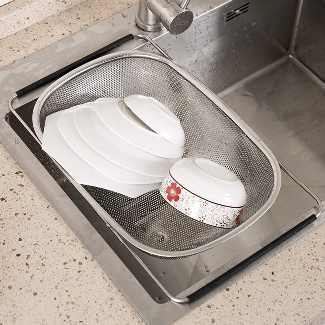 D L D - Colino ovale in acciaio inox di alta qualità con cestello a rete fine da 5,8 litri e manici in gomma espandibili, per scolare, filtrare e sciacquare frutta e verdura (modello The New)