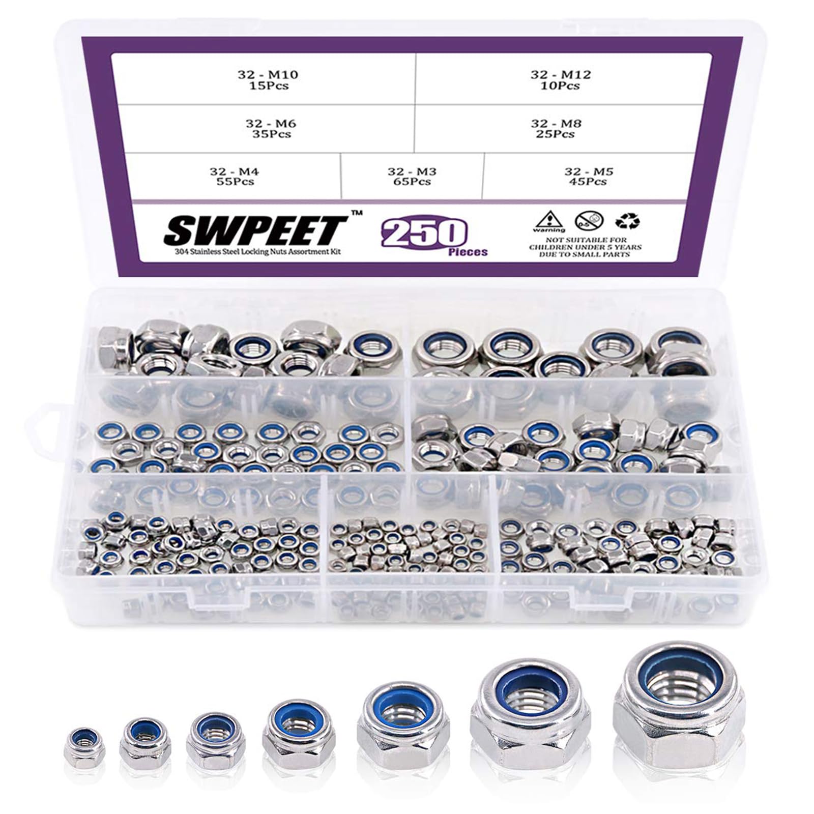 Swpeet 250Pcs 304 Stainless Steel Metric Lock Nut Assortment Kit Perfect for lock Washers, Nylon Insert Locknut M3 M4 M5 M6 M8 M10 M12