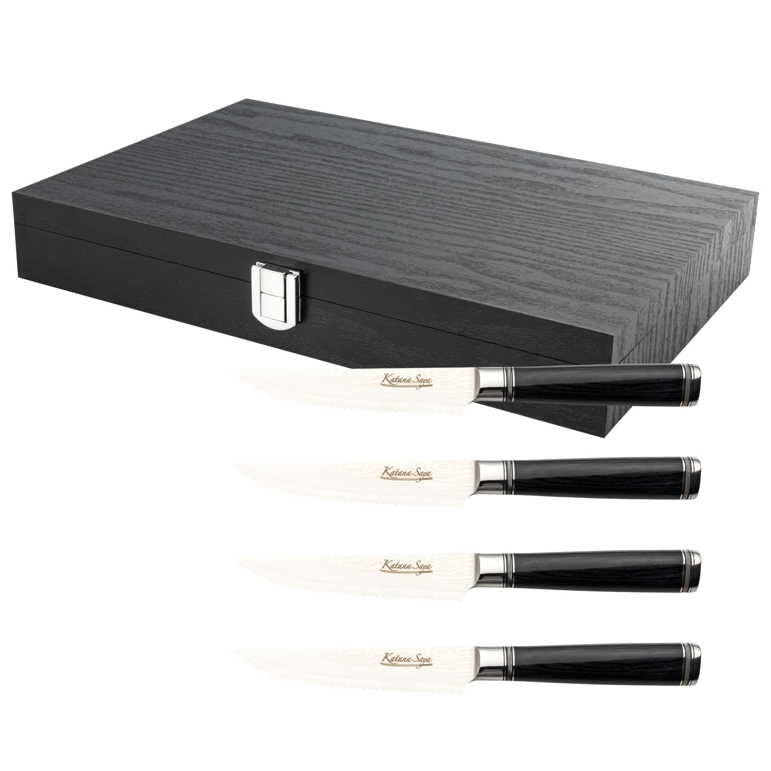 Katana Saya Pakkawood 4 Piece Steak Knife Set, 4X 9cm Serrated Steak Knives, Kitchen Knife Sets, Japanese VG-10 Damascus Stainless Steel, Black Pakkawood Handle, Japanese Style