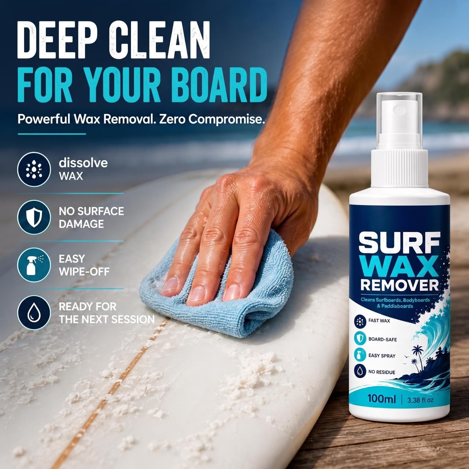 Surfbrett-Wachsentferner-Spray, schnell wirkende Reinigungsformel, schonend für Gelcoat, entfernt Rückstände und Schmutz, stellt die Oberfläche von Surfbrettern, Paddleboards und Bodyboards (6pcs)