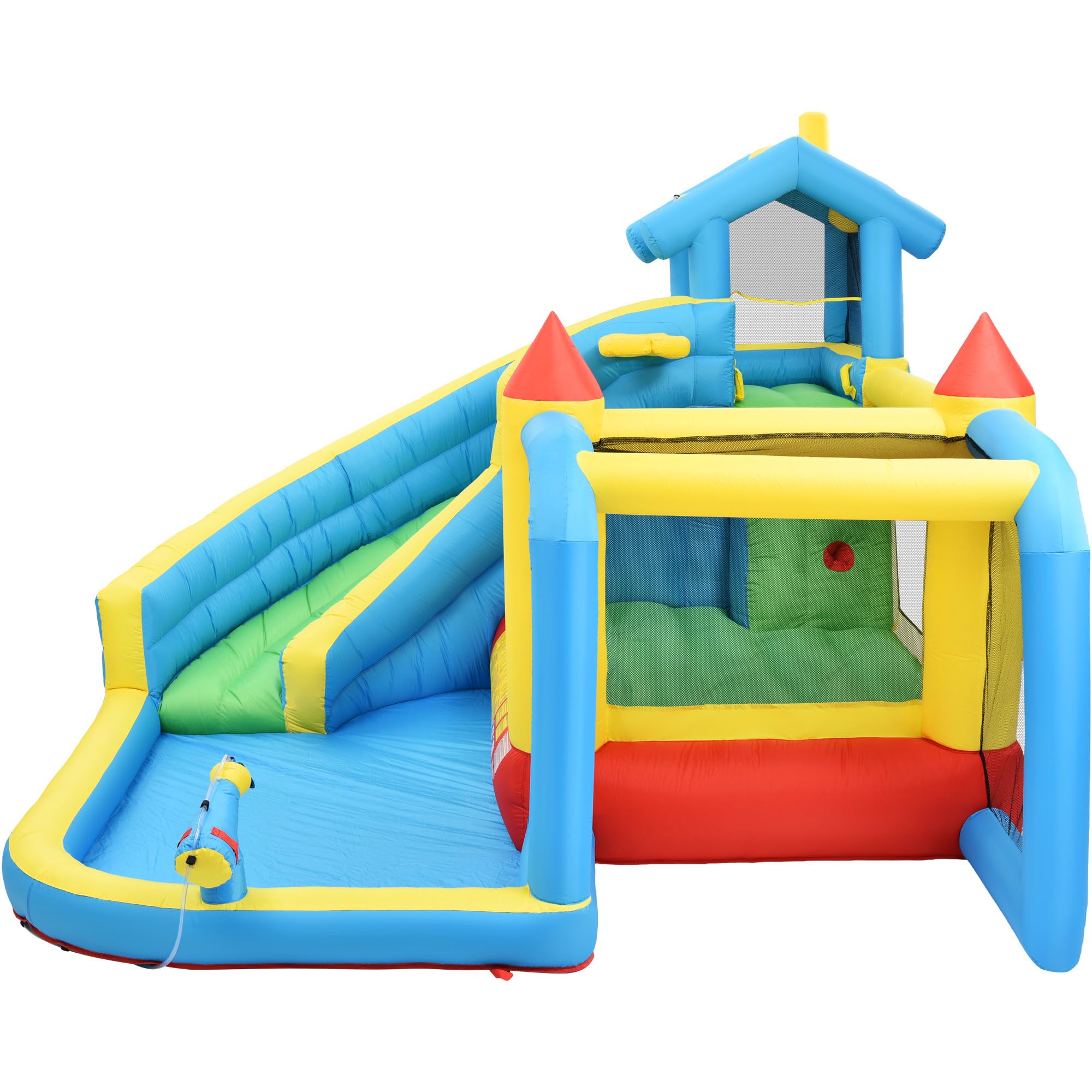 Merax Aufblasbare Hüpfburg mit Gebläse, Trocken-/Wasserrutsche, Outdoor Castle mit Sprungbereich, großes Wasserpool, Fußballnetz, für Kinder von 3 bis 10 Jahren, inkl. Tragetasche, 364 x 315 x 239 cm