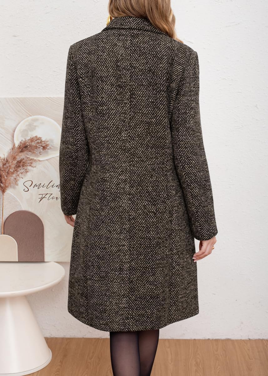 chouyatou Women's Winter Casual Herringbone Wool Coat Double Breasted Notch Collar Dressy Long Trench Coat - Image 3