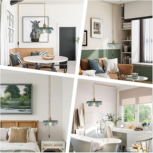 Miniatura 4 de Lámpara colgante para enchufar, moderna lámpara colgante de latón con pantalla de vidrio verde oscuro, luz colgante de 14.75 pies con cable de