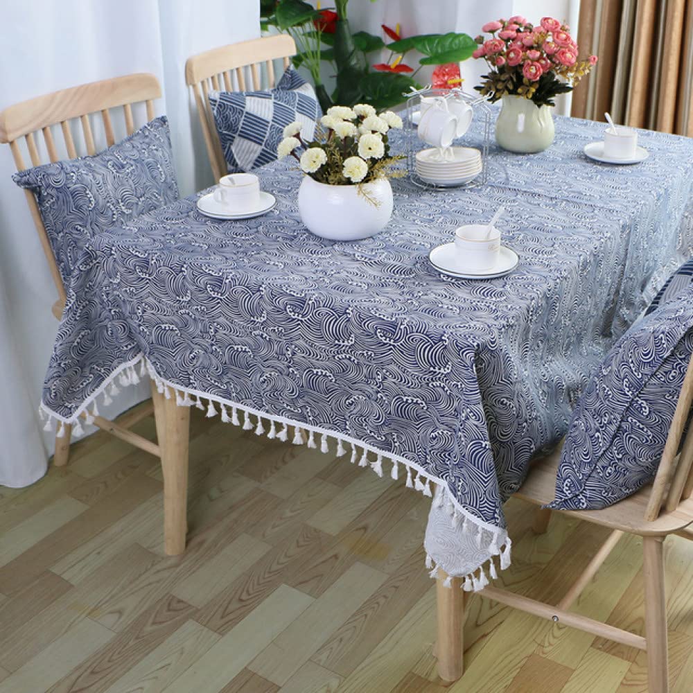Nappe de style japonais protège table basse coton lin lavable motif vagues anti-rayures
