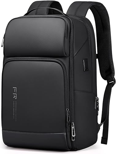 FENRUIEN Mochila de viaje de 17 pulgadas para hombres, mochila de computadora expandible resistente al agua con puerto USB, bolsa negra para laptop