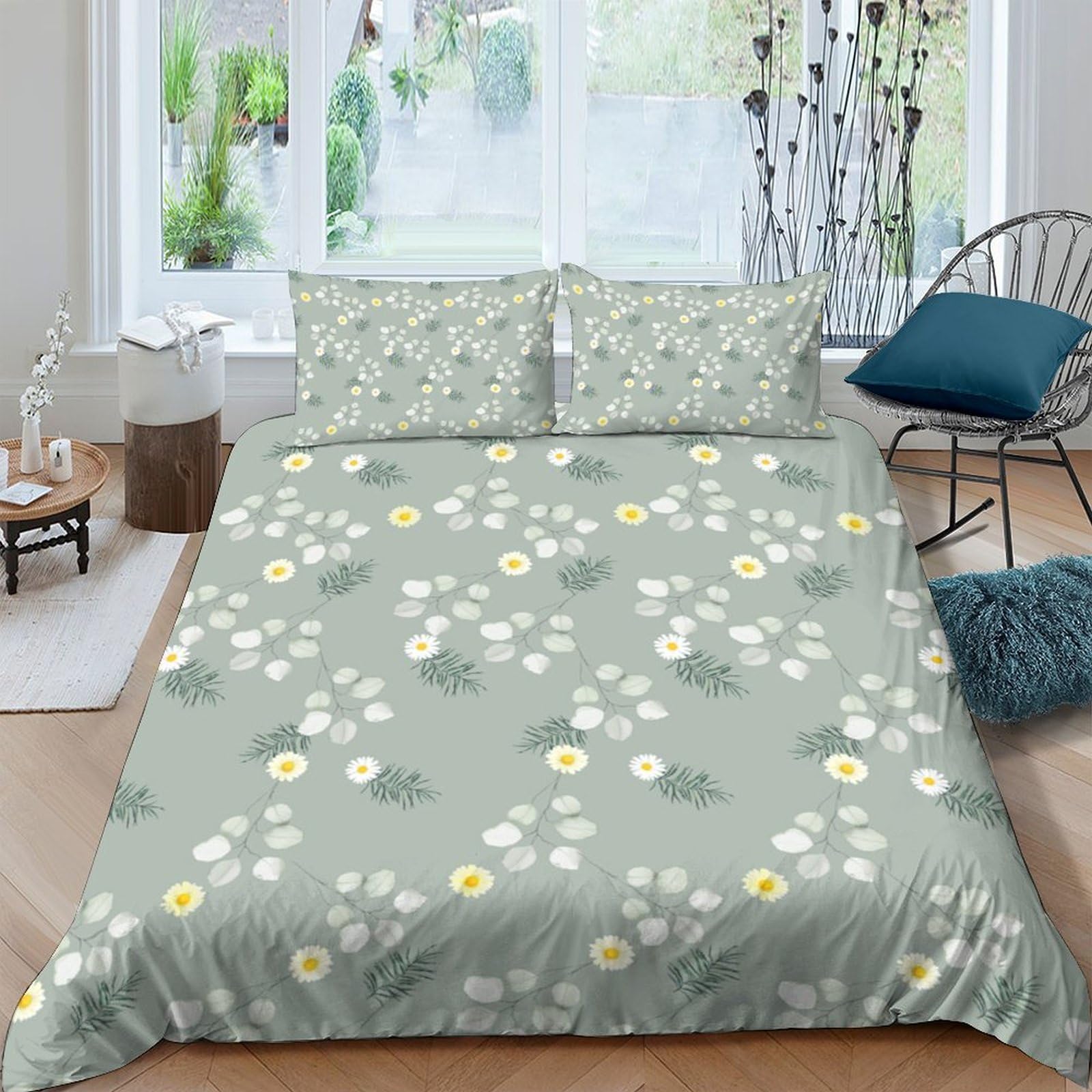 TUFRTGYHN 3D Printed Daisy Floral Duvet Cover Microfiber Soft Breathable Meadow Bedding Set with 2 Pillowcases for Bedroom Decor Single（135x200cm）