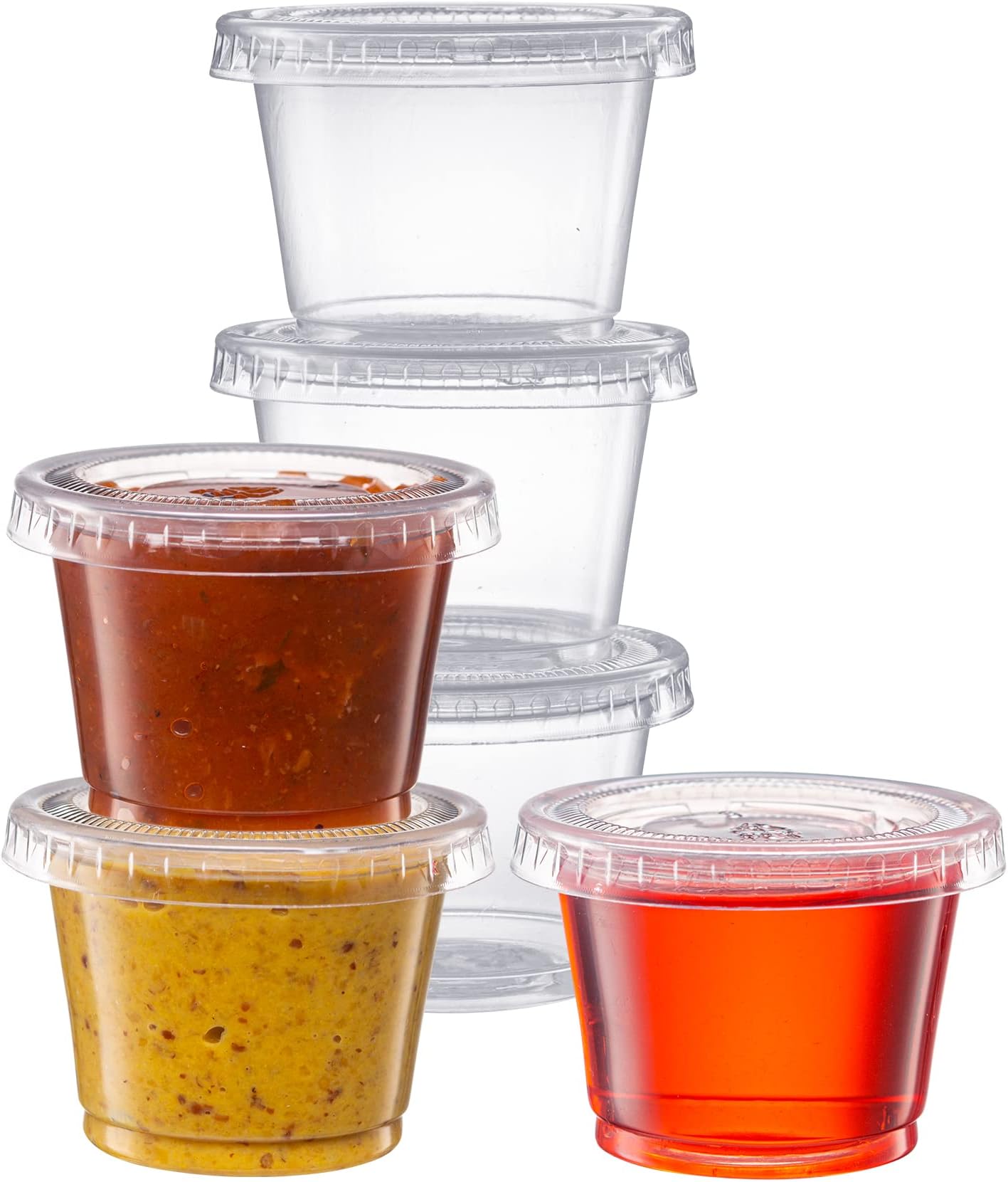 Pantry Value 1 oz Jello Shot Cups with Lids [100 Count] Clear Disposable Plastic Portion Containers, Condiment Cups for Sauces, Dressings & Samples - Durable, Stackable, Leak-Resistant