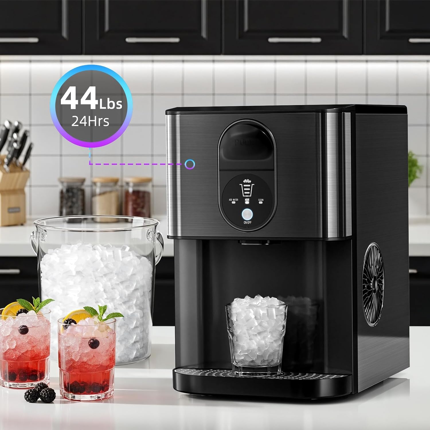 Nugget Ice Makers Countertop, Pellet Ice Maker Machine Dispenser With Water Reservoir, Self-Cleaning, 44lbs/24h Soft Chewable Ice Maker Machine For Home/Kitchen/Office, Black Stainless on Fridge.com - View 2