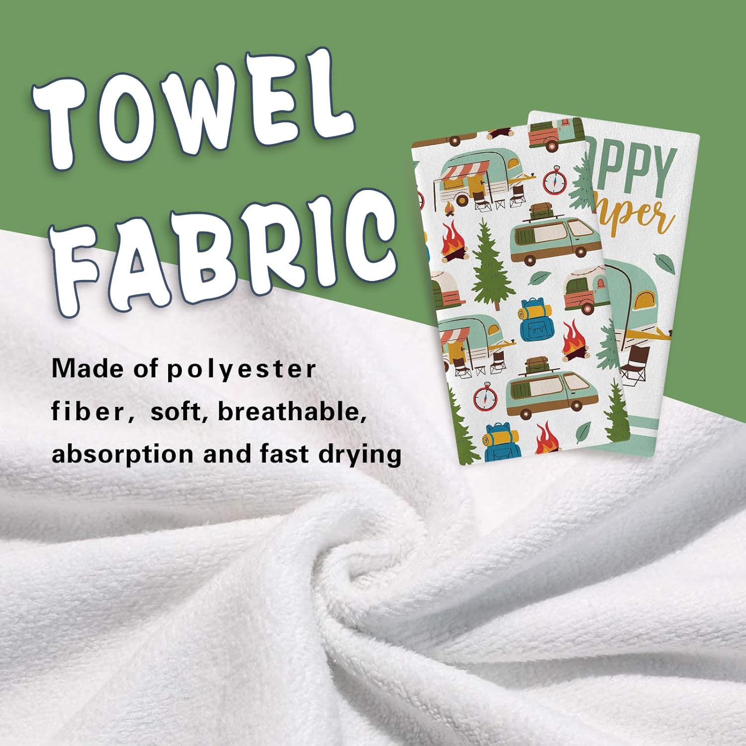 Happy Camper Kitchen Dish Towels Set of 2, Camping RV Adventure Travel Drying Hand Towel Baking Cooking Cloth, Campsite Campfire Tree Bathroom Home Decoration 18'' x 26'' - Image 4