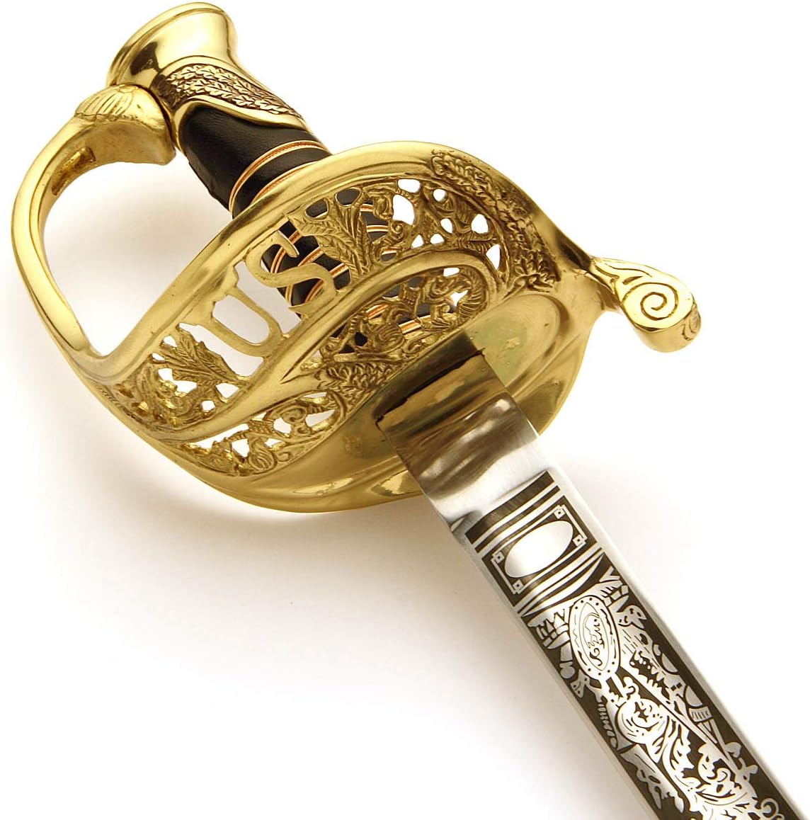 Hand Forged Tempered High Carbon Steel 1850 Staff & Field Officer's Sword Brass Guard Wire Wrapped Leather Handle Etched Blade Saber with Blue Steel Scabbard