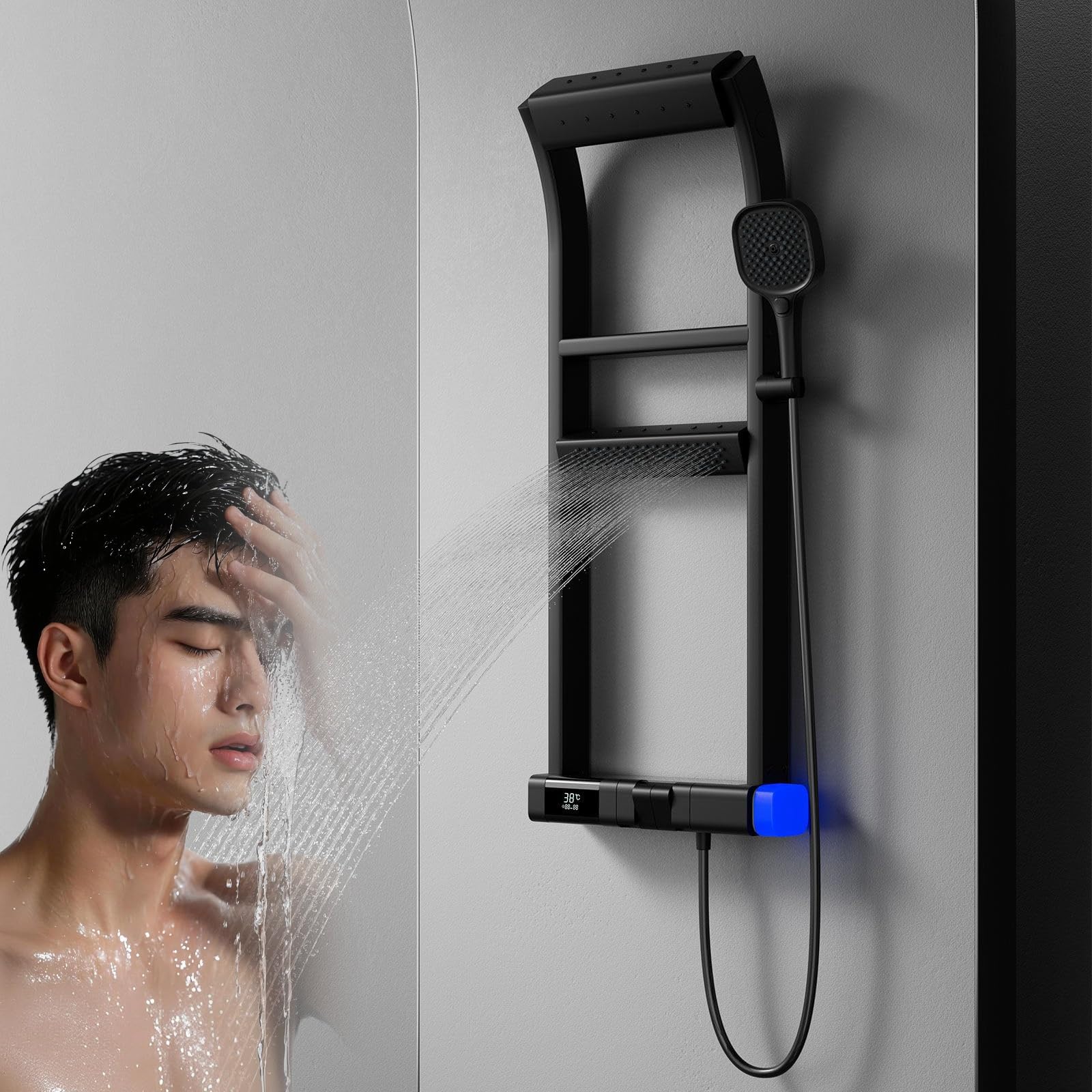 Sistema de ducha termostático con 6 funciones, juego de ducha completo con 4 modos de pulverización y cabezal de ducha de mano, diseño moderno de teclas de piano, fácil instalación