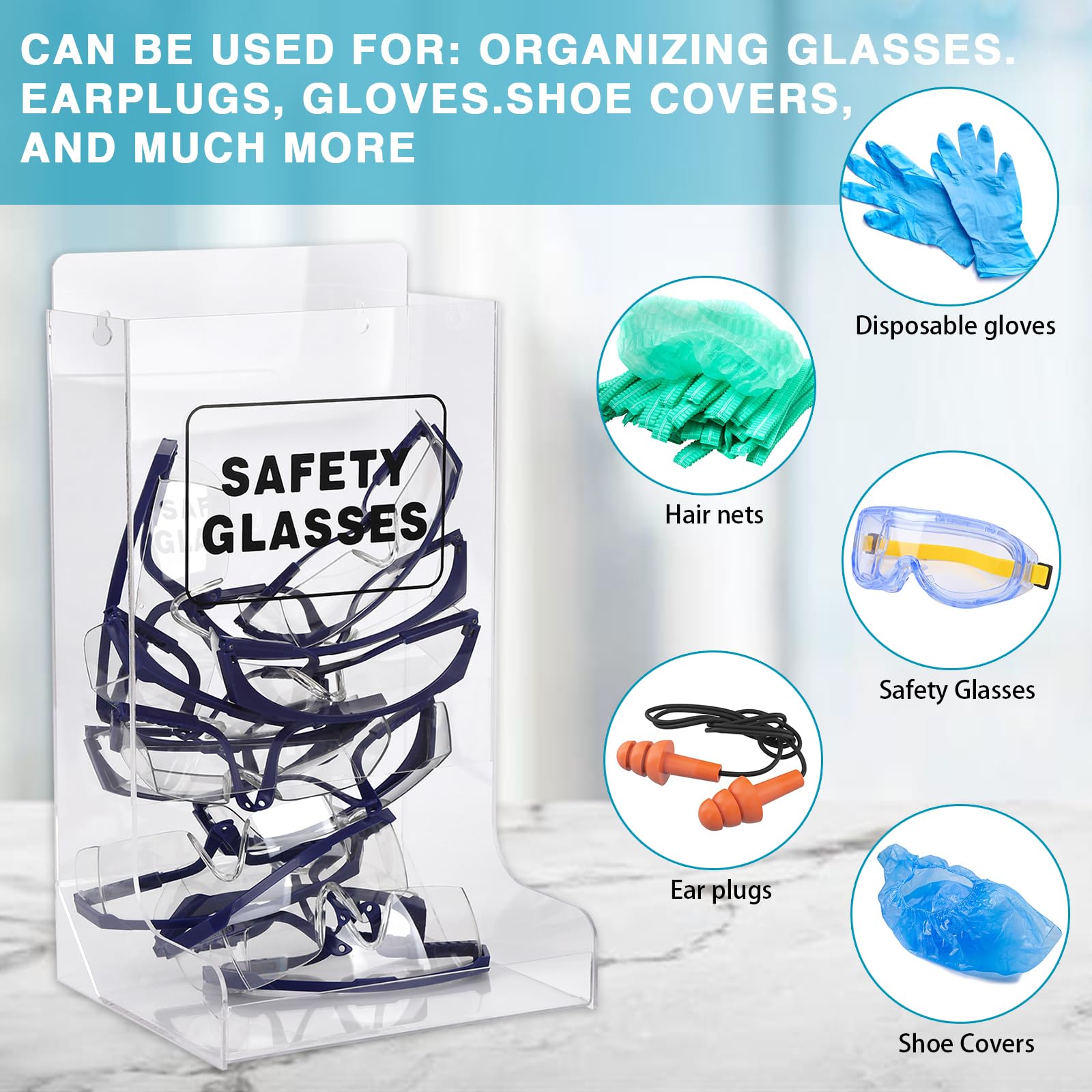 Lot de 2 étuis à lunettes de sécurité en acrylique, fixation murale et design transparent, idéal pour ranger les lunettes jetables des visiteurs dans les environnements industriels, dentaires