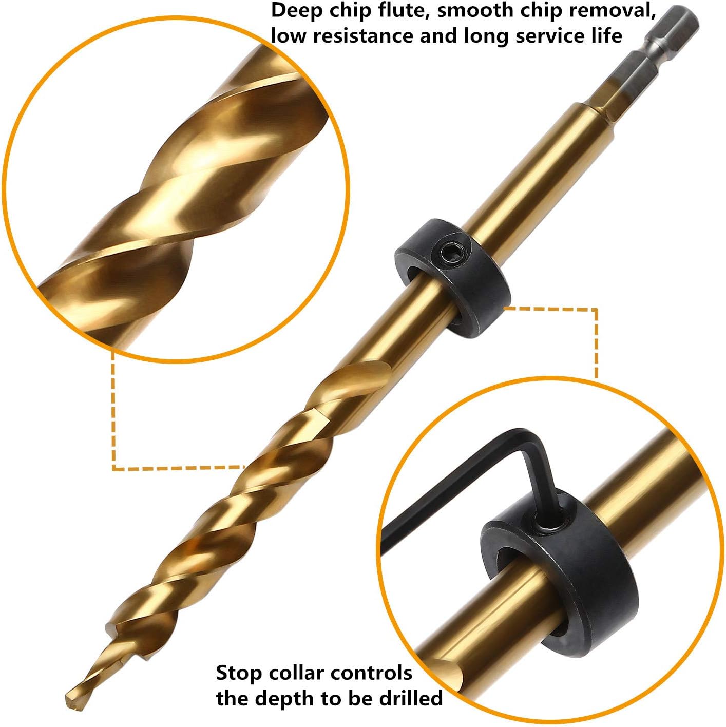 OCGIG 1/4 Hex Twist Step Drill Bit Stop Collar Set for Kreg Pocket Hole