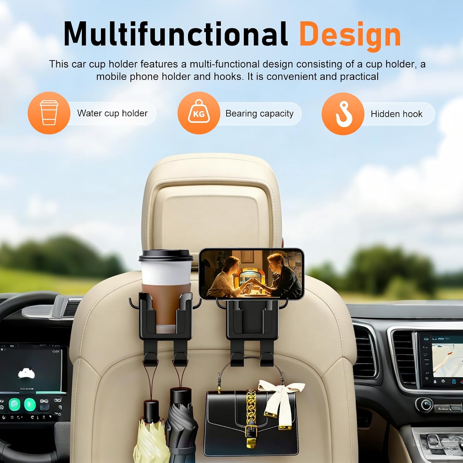 2 PCS Headrest Back Seat Car Cups Holders, 4-in-1 Multifunctional Car Back Seat Phone Holder with Hook, Hanging Auto Headrest Cup Holder Hook, Universal for Sedans, SUVs, Trucks (Black)