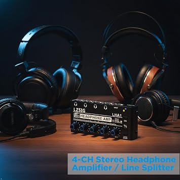 LZSIG Kulaklık Amplifikatörü 4 Kanallı Metal Stereo Ses Amplifikatörü, Güç Adaptörlü Mini Kulaklık Dağıtıcı, 1/4 inç ve 1/8 inç TRS Kulaklık Çıkışı ve Ses Mikseri için TRS Ses Girişi, DC 12V-LHA1