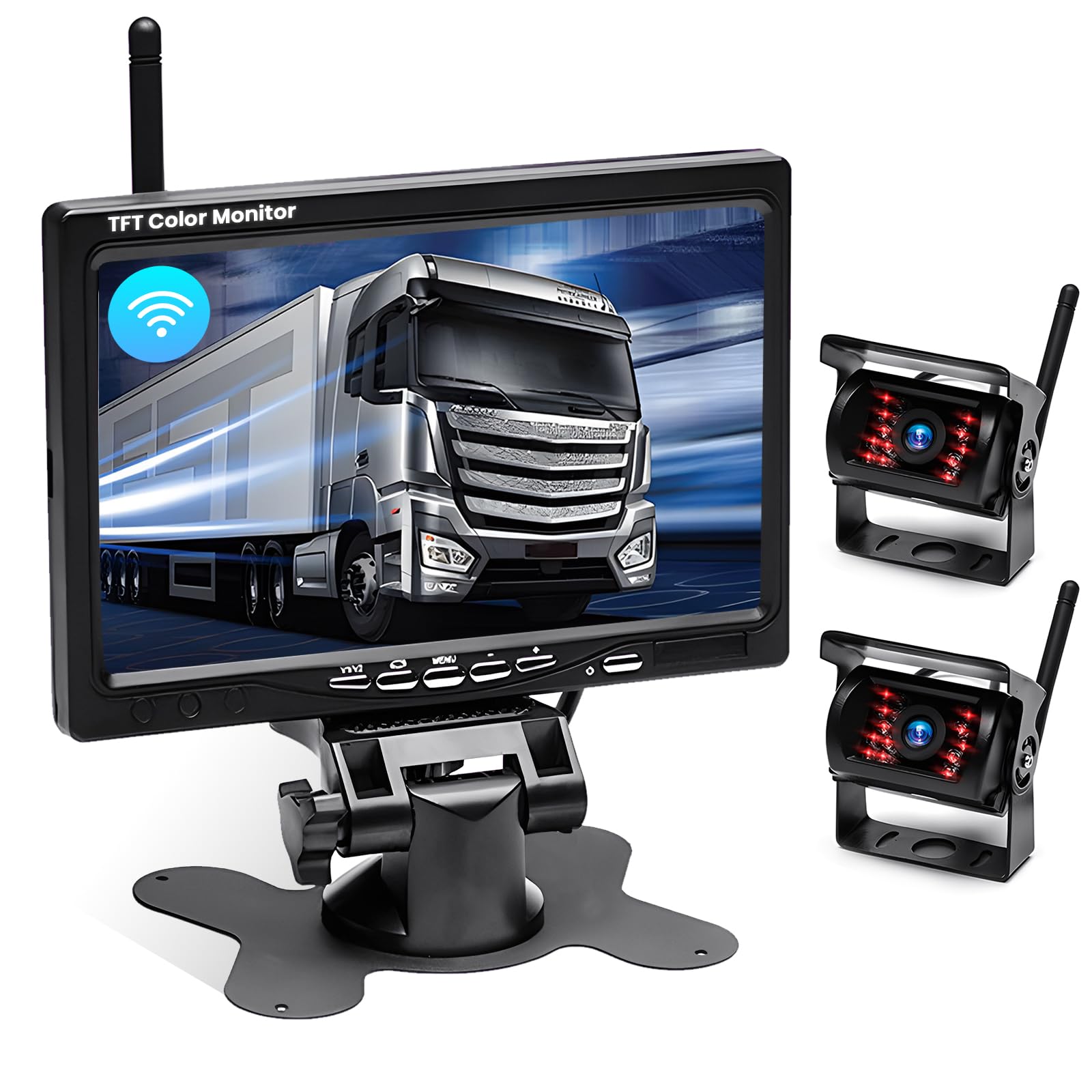 Kit de Camera de Recul sans Fil pour Voiture 2 Caméras avec écran 7'', Caméra de Vision Nocturne/étanchéité IP67, Caméra de Recul sans Fil pour Camping Cars, Camions et Caravanes/DC 12-36V