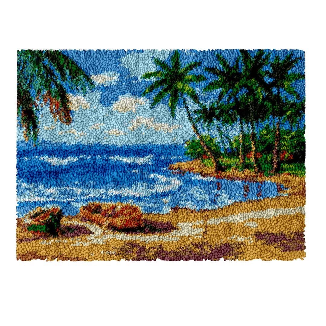 Myriad Choices Latch Hook Kits, DIY Latch Hook Rug Kit, Cross Stitch Rug Making Kit, Carpet Making Crochet Kits Embroidery Kits Needlework Crafts for Home Decor, 50X38CM, Coconut Trees and Beach โ image 1