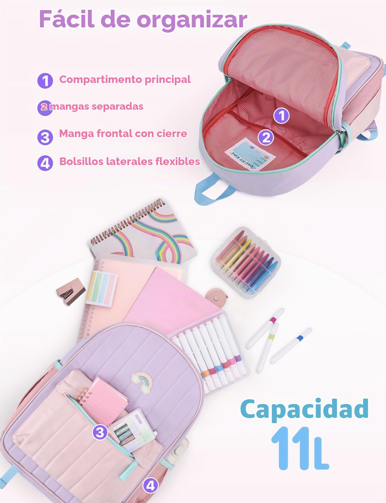 VASCHY Mochila niña 1-3 años 11 L Para Preescolar,Violeta&Rosa | Mochila escolar infantil,Cierre en el Pecho, Multibolsillos, Divisor Interior,Admite Documentos A4, Etiqueta Nombre Interior