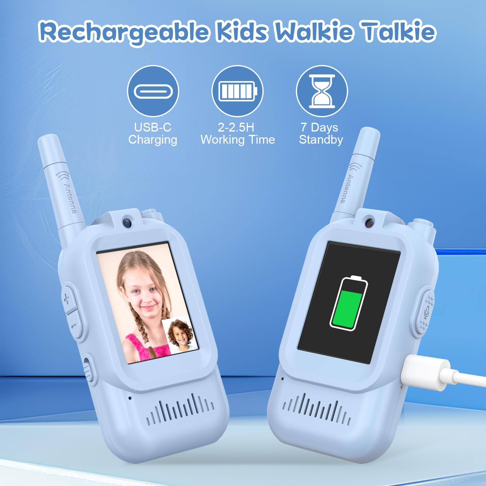 Video Walkie Talkie Kinder, 2er Set Walky Talky Aufladbar mit Display, 2-Way Radio Funkgeräte Große Reichweite, Weihnachten Geburtstag Geschenke Spielzeug für Jungen und Mädchen von 3-12 Jahren-Blau