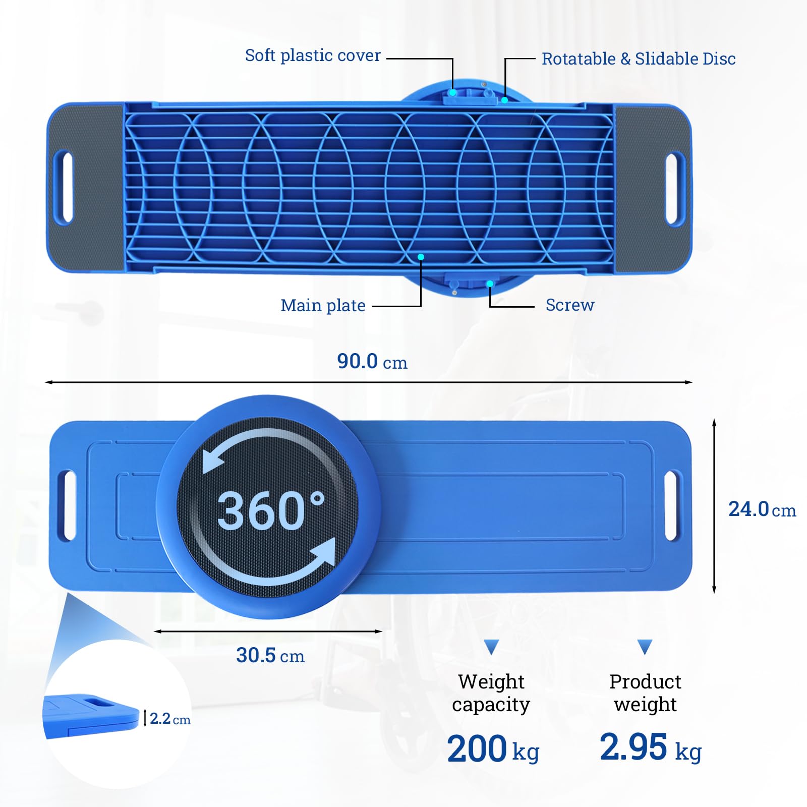 LOSCHEN Tabla de transferencia de 90 cm con plato giratorio desplazable de 360°, tabla de transferencia para personas mayores para el traslado de la silla de ruedas a la cama, al inodoro, a la bañera