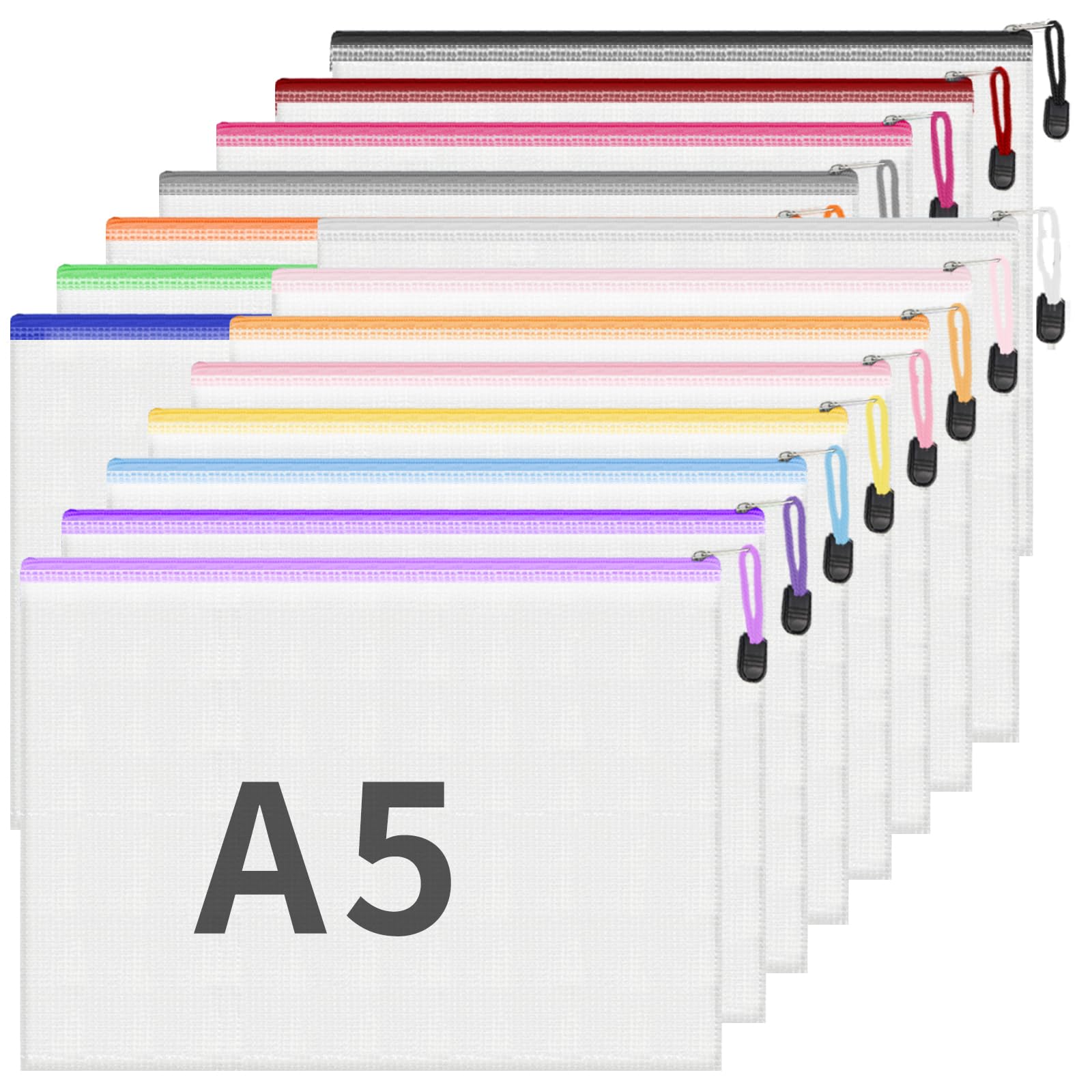 ReePlan 15 Pack A5 Plastic Wallets Zip, Waterproof Mesh Zip Folders, Document Wallets with Zipper for Office, School, Travel & Home Organisation, 15 Assorted Colours, 23.5 x 17 cm