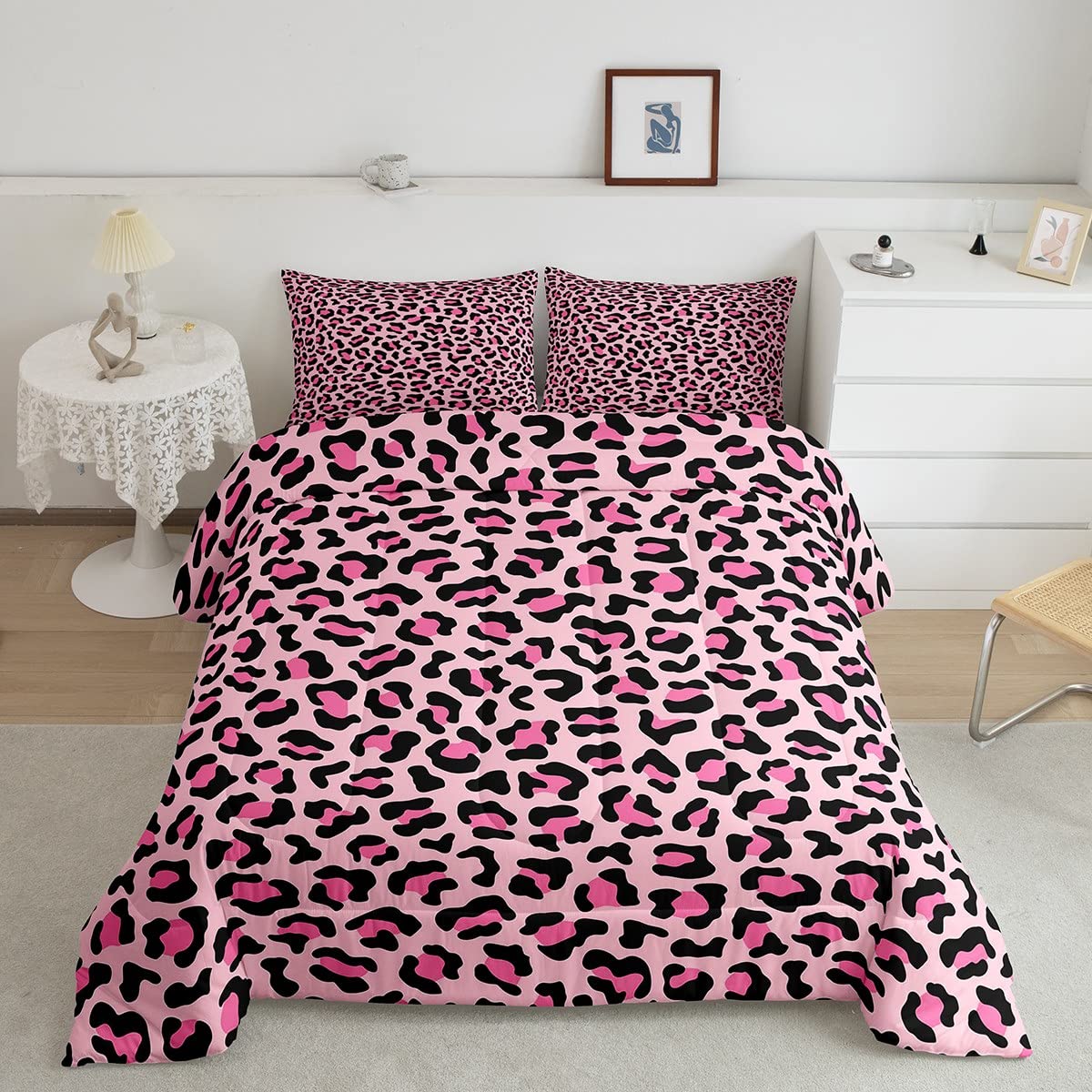 Erosebridal Pink Leopard Comforter Set Full Safari Down Comforter Kids Girls Cheetah Wild Animal Skin Pattern Bedding Set 3 Pieces Geometric Bedspreads Cover Cute Bed for Adul,Hotel Quality Soft