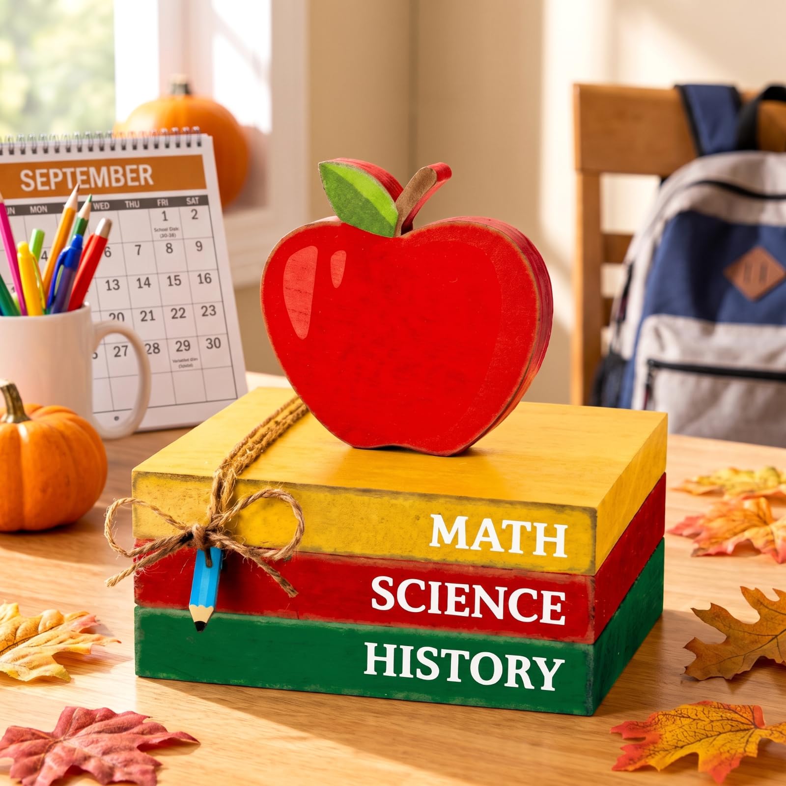 Yousoontic 4 Pcs Back to School Wooden Decorative Books Stack Apple Tiered Tray Decor Mini Wooden Books with Pencil Ornament Rustic Farmhouse Decor Gift for First Day of School Students Home Decor
