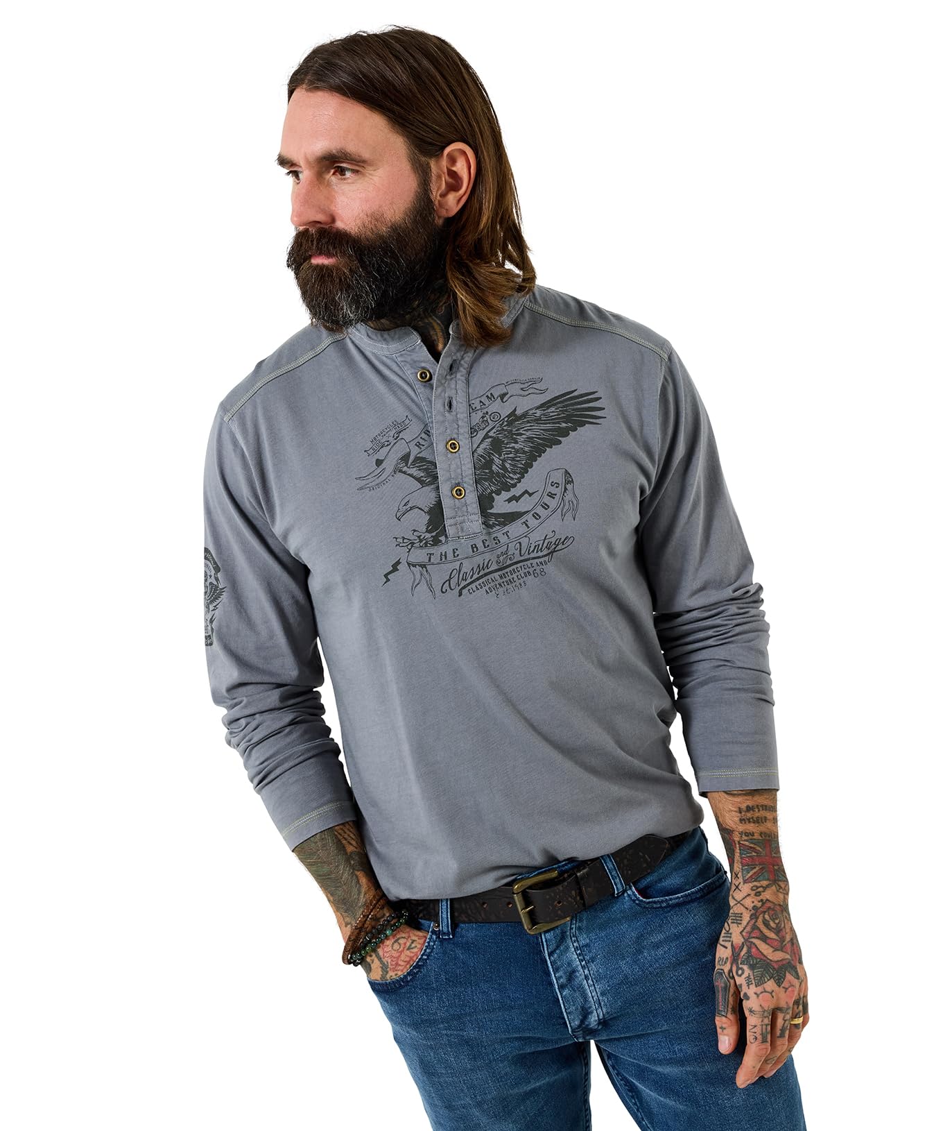 Joe Browns Men's Eagle Graphic Casual Henley Top, Regular, Grey, UK M