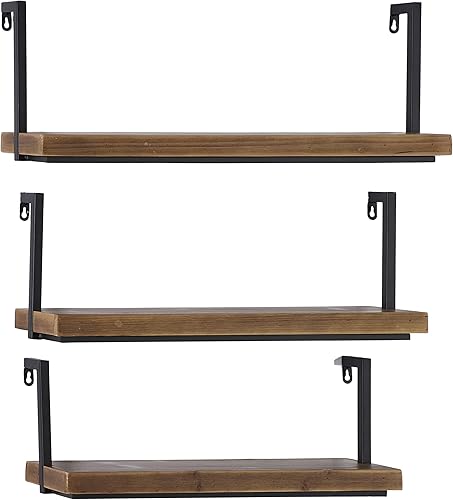 Miniatura 3 de Deco 79 Estante de pared de madera minimalista flotante con marcos de metal negro, juego de 3 8 pulgadas, 9 pulgadas, 10 pulgadas de alto, marrón