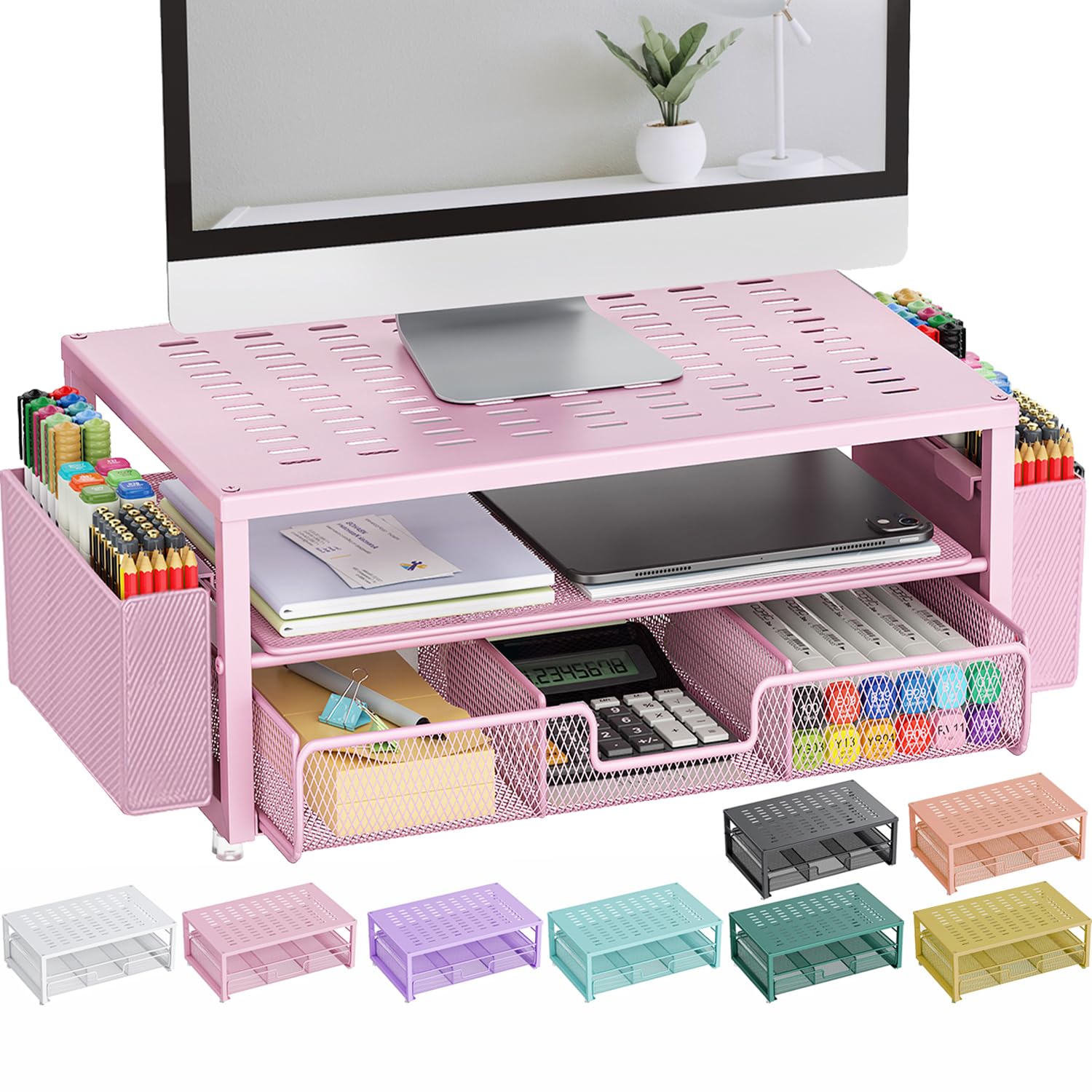 gianotter Monitor Stand with Drawer and Pen Holder, Desk Organizers and Accessories, 2-Tier Monitor Riser, Pink Office Decor for Women(Pink)